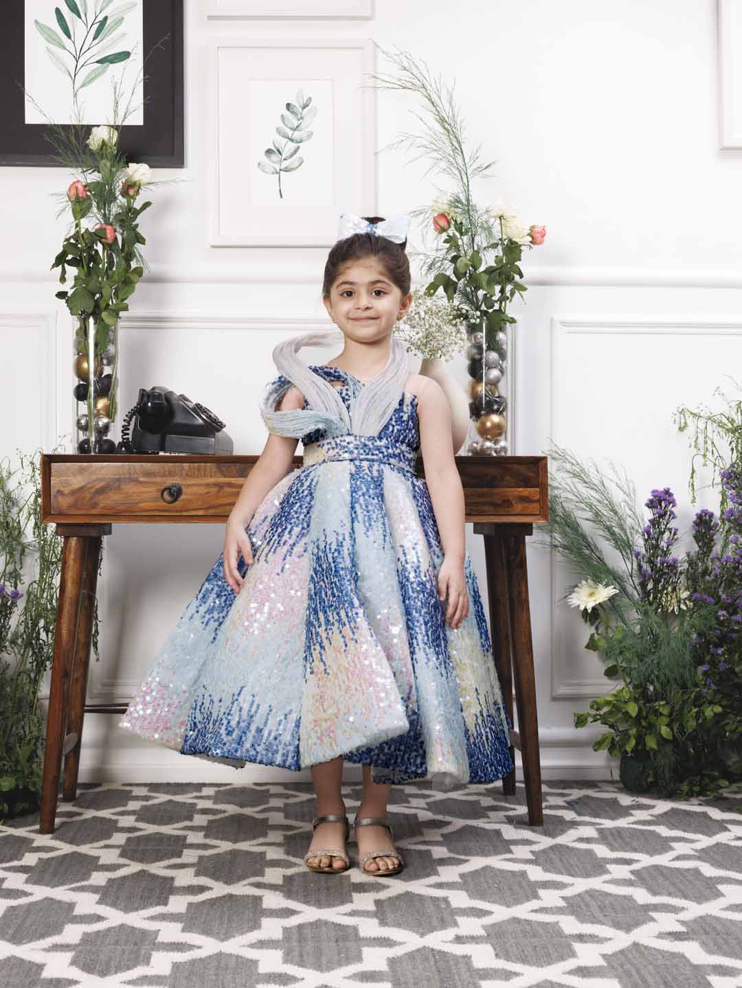 Margaret fluffy blue sequin panel dress