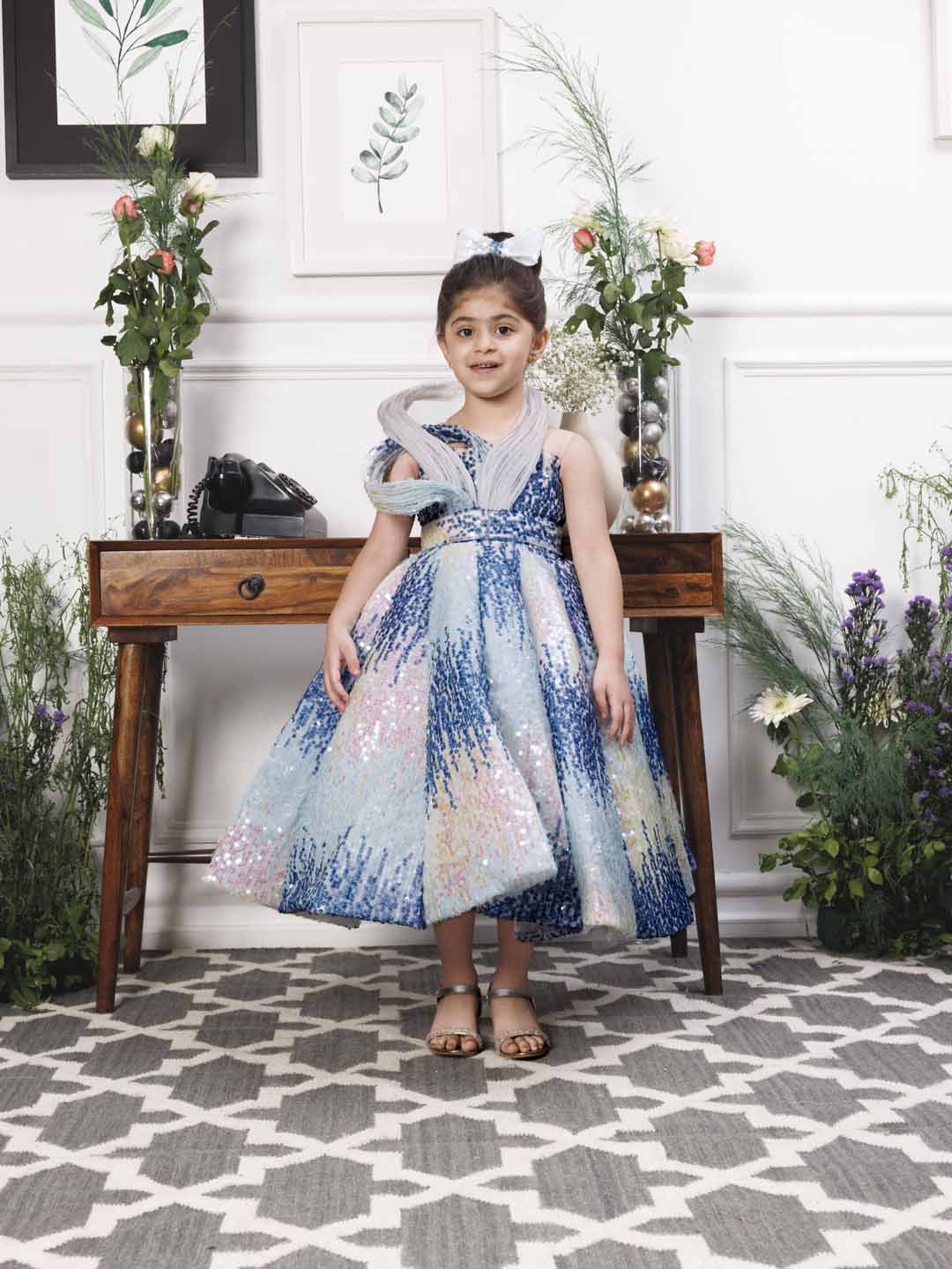 Margaret fluffy blue sequin panel dress