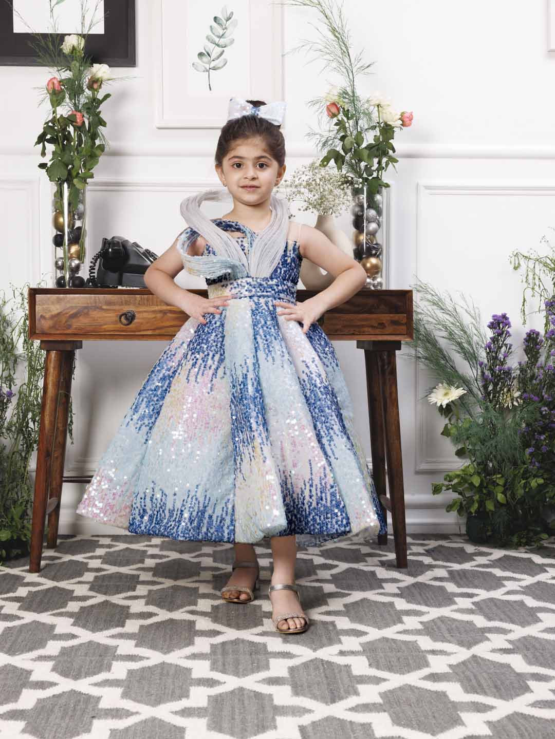Margaret fluffy blue sequin panel dress