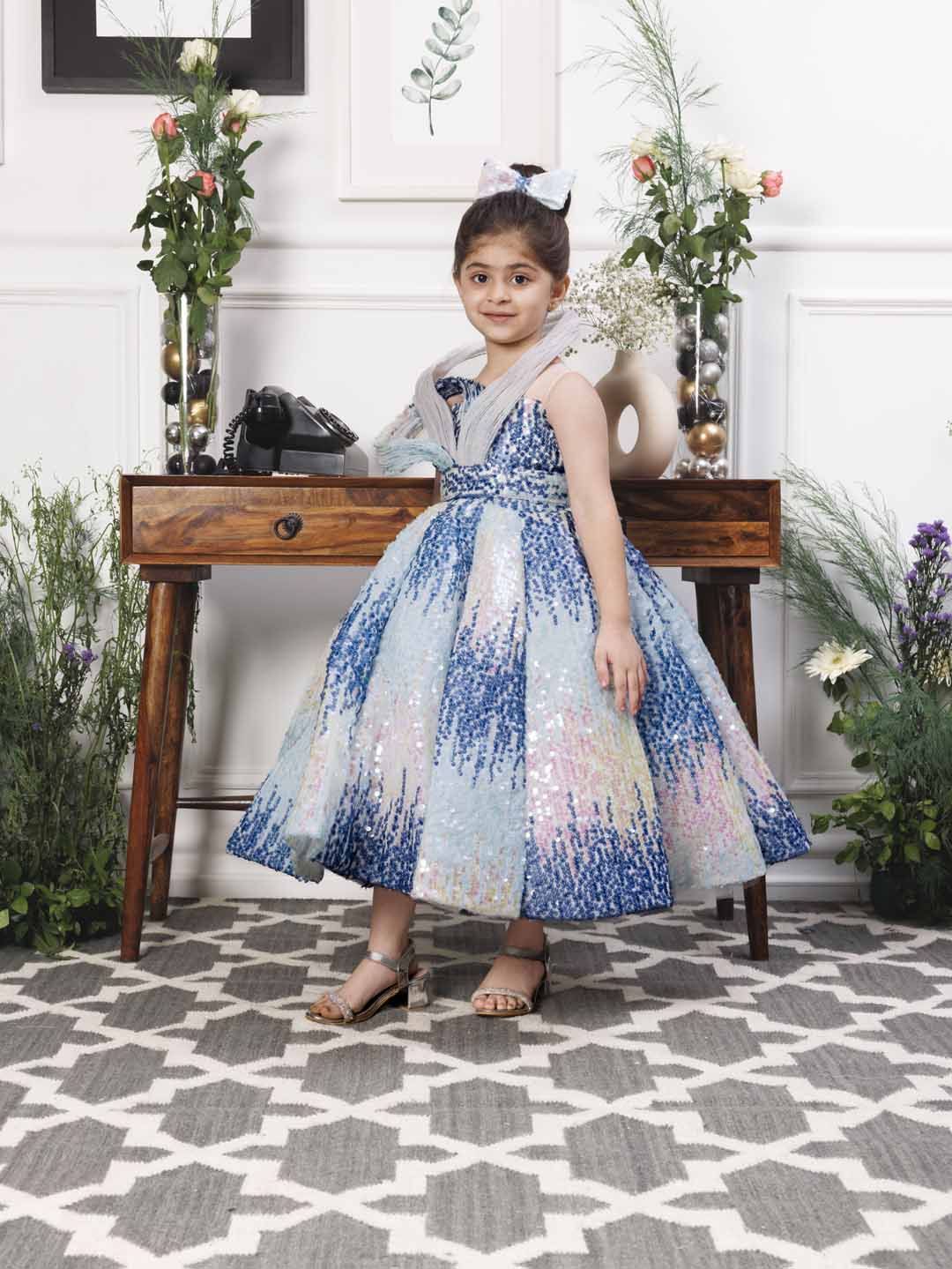 Margaret fluffy blue sequin panel dress