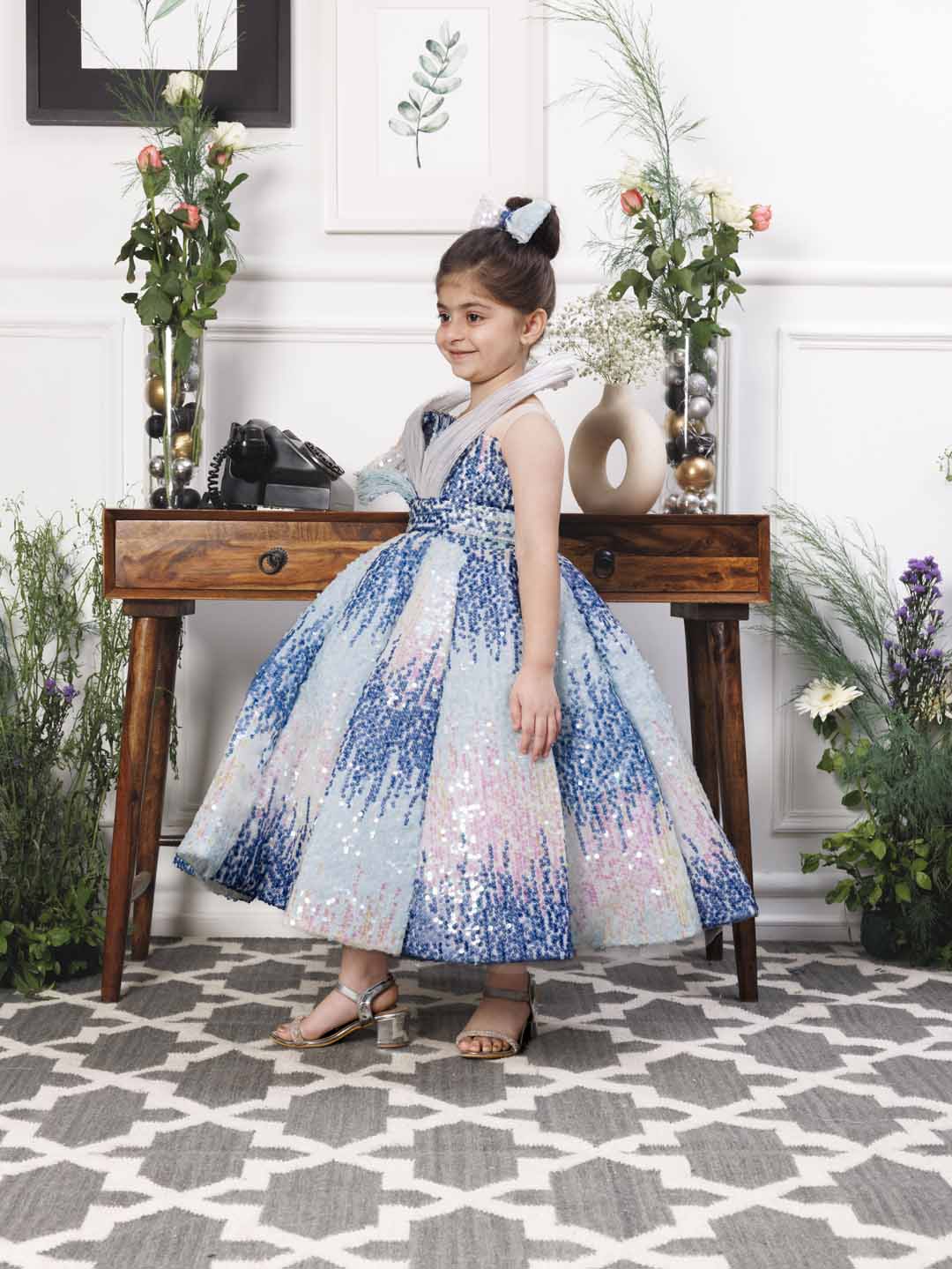 Margaret fluffy blue sequin panel dress