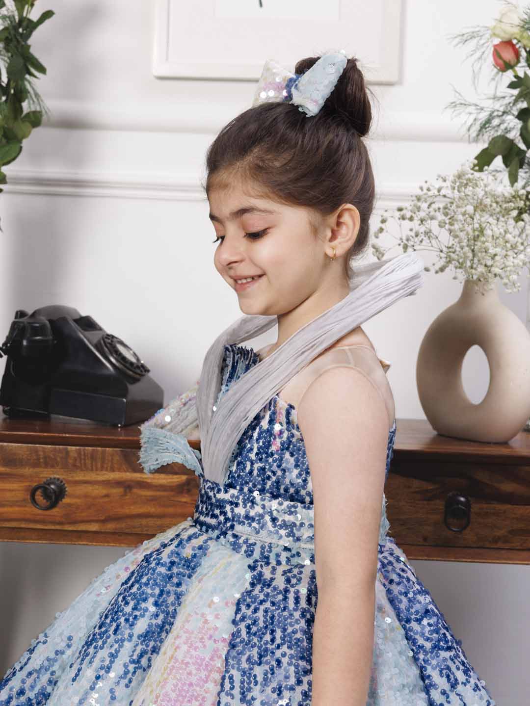 Margaret fluffy blue sequin panel dress