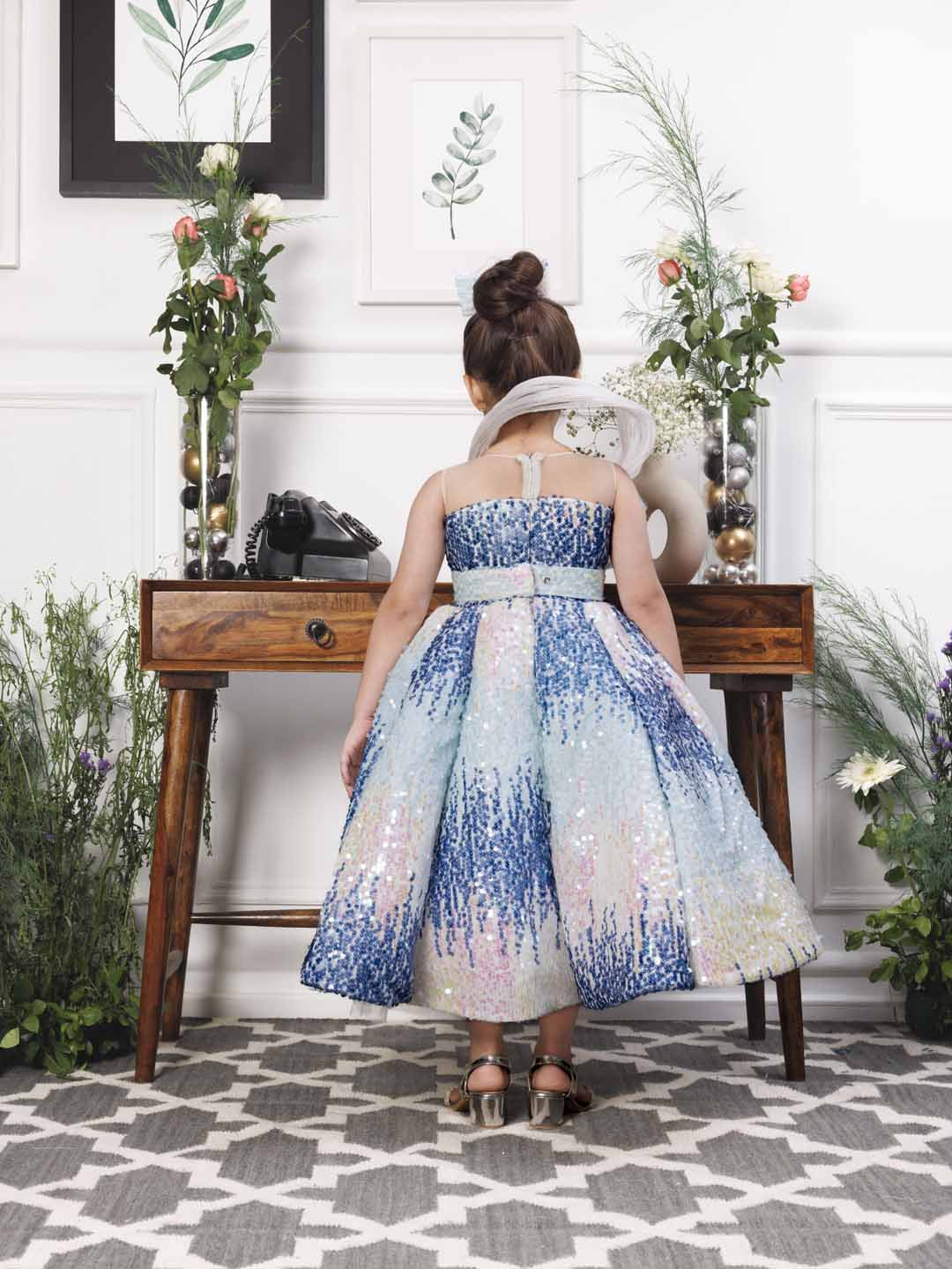 Margaret fluffy blue sequin panel dress