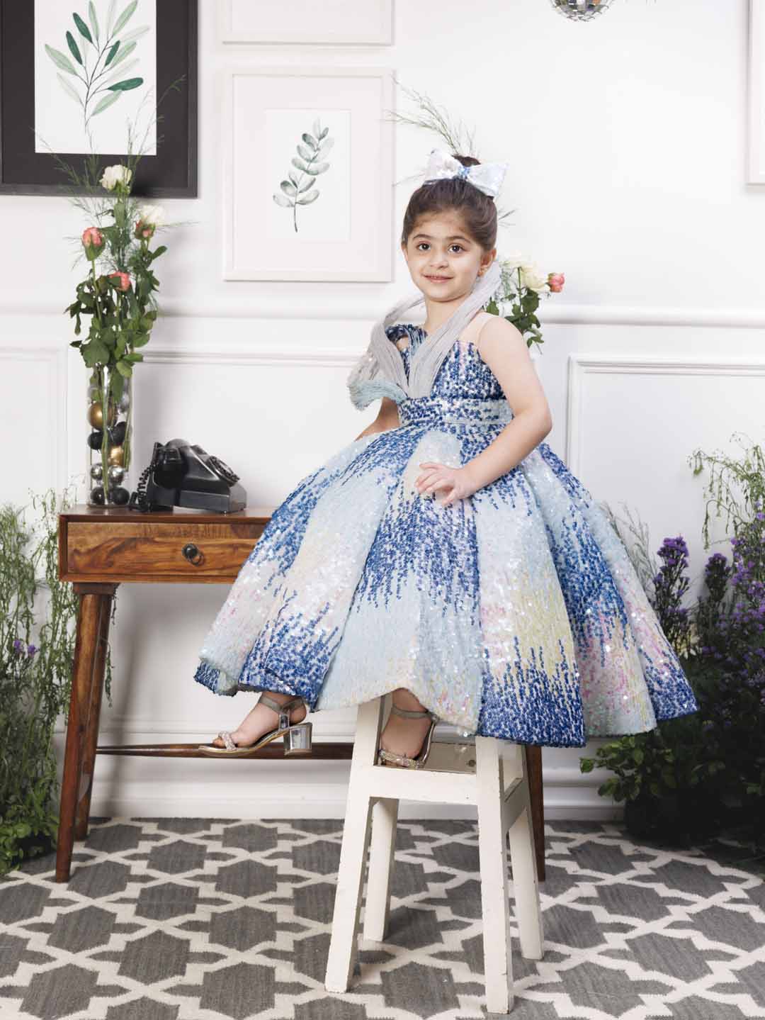 Margaret fluffy blue sequin panel dress
