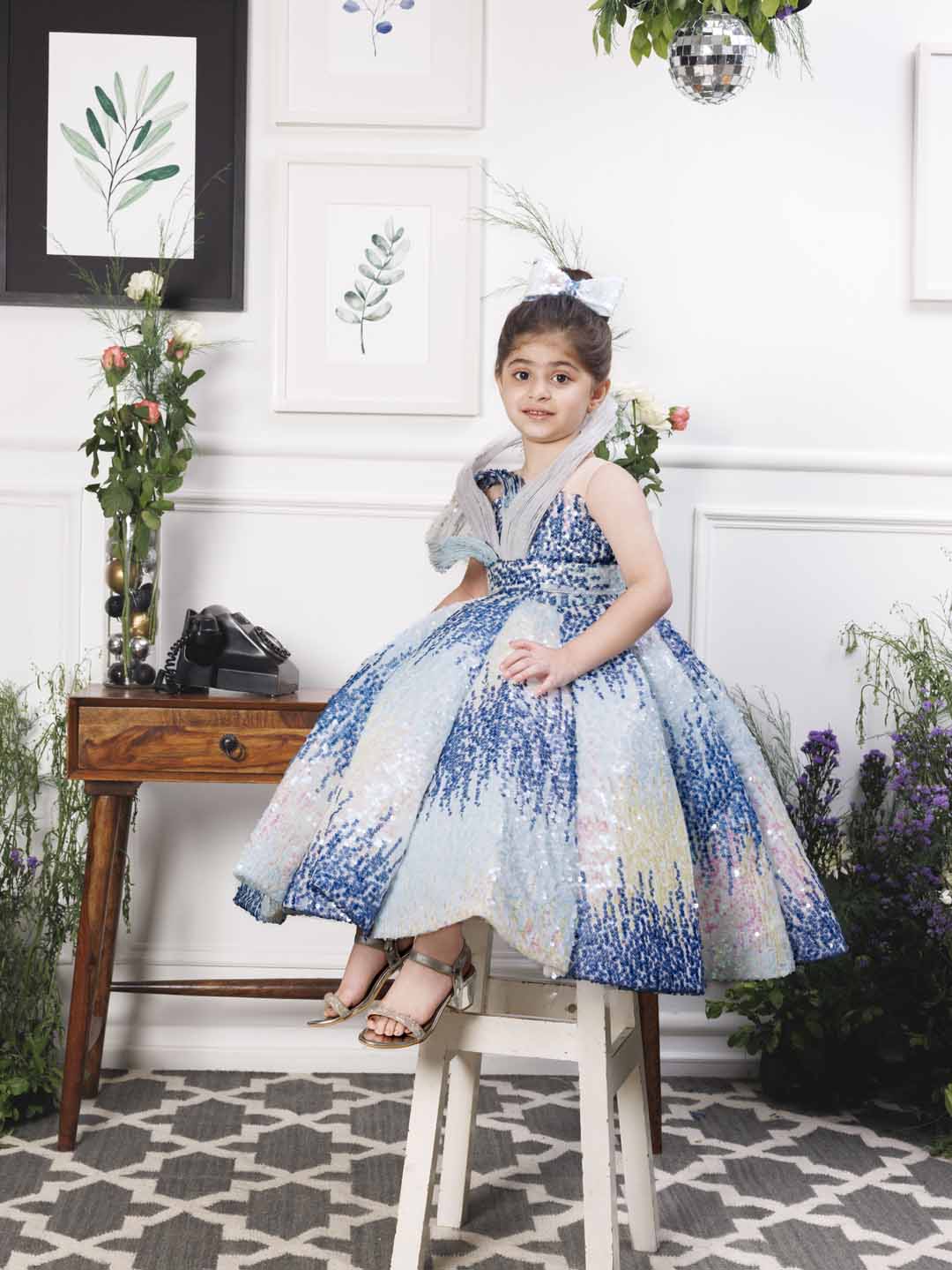 Margaret fluffy blue sequin panel dress
