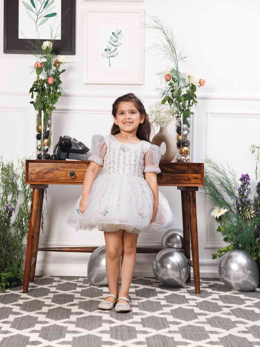 Phillipa white organza dress with hand embroidery of flower and butterflies detailing