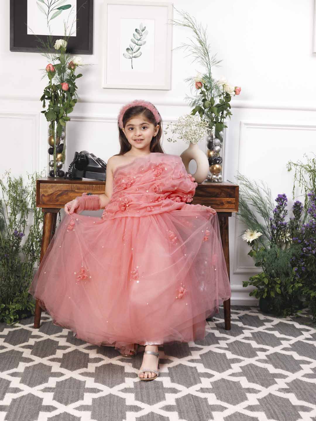Angela pink one sided gown with flower detailing with gloves