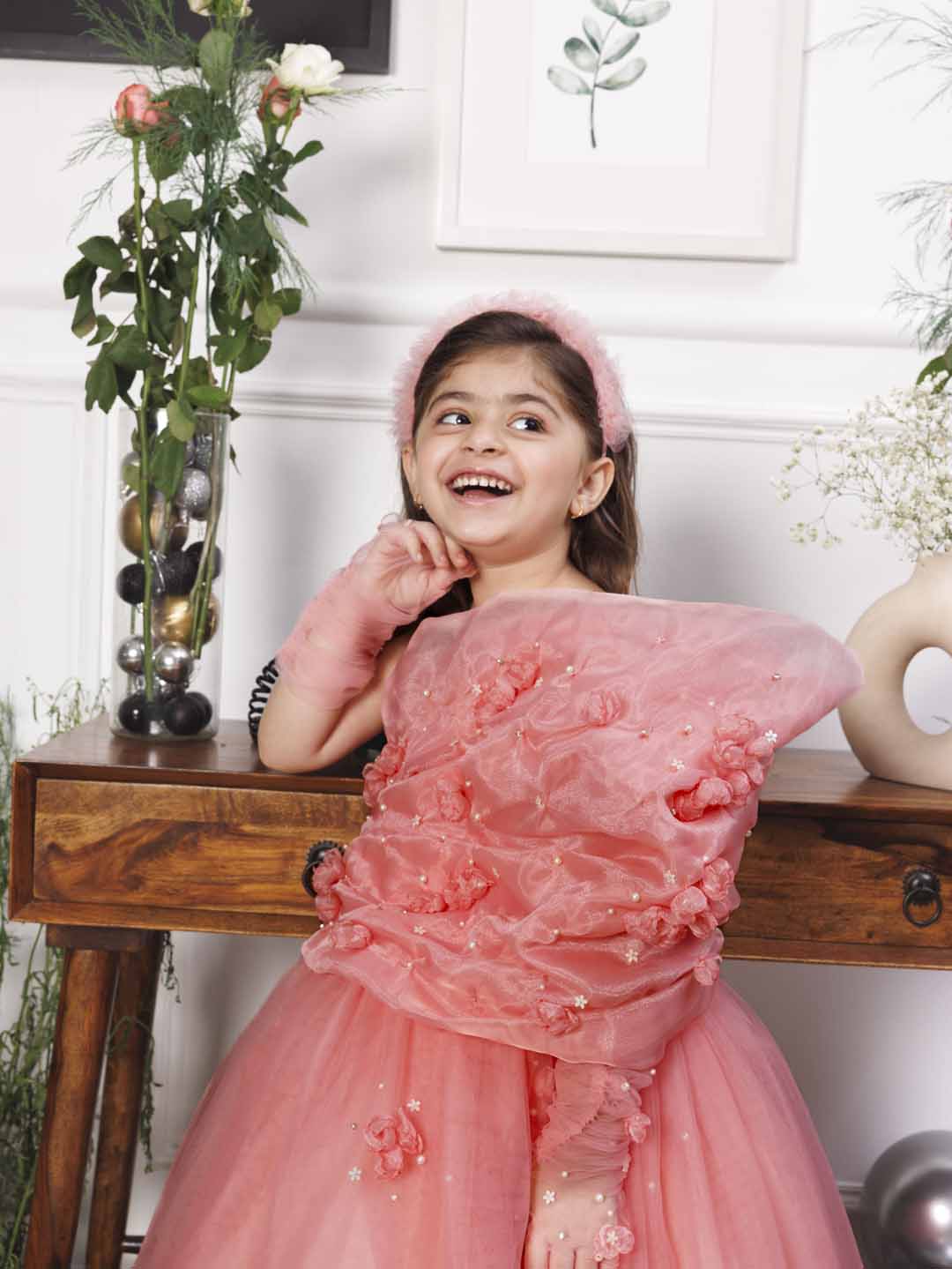 Angela pink one sided gown with flower detailing with gloves