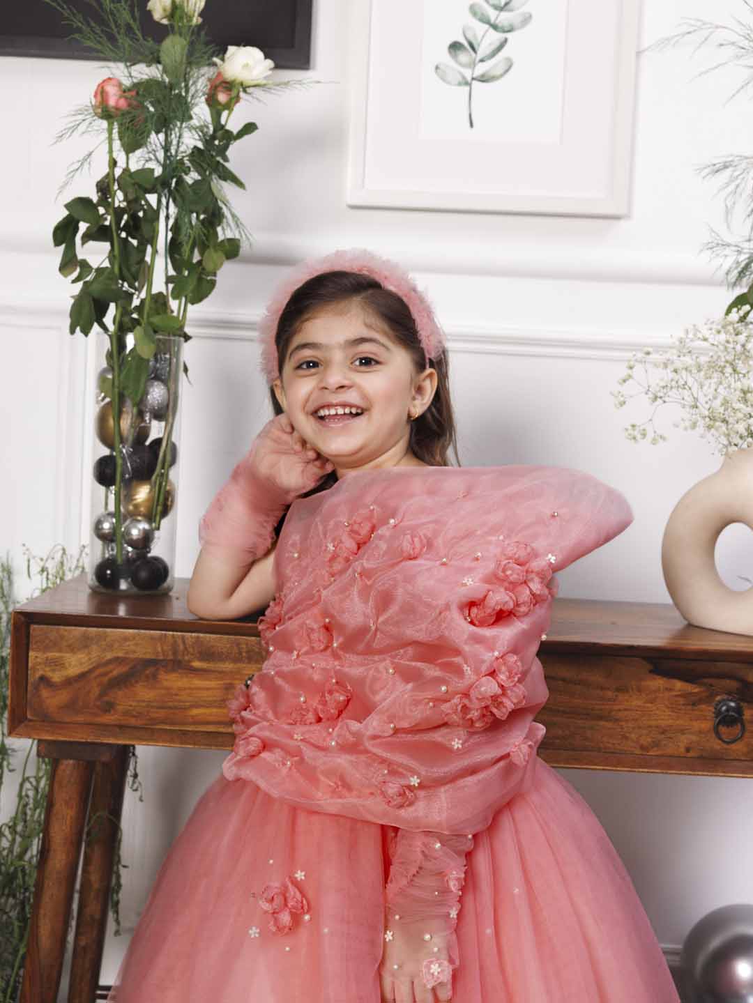 Angela pink one sided gown with flower detailing with gloves