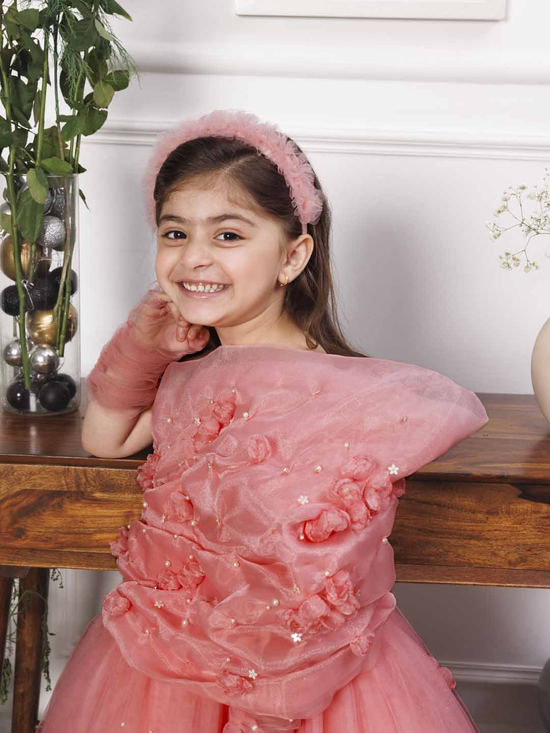 Angela pink one sided gown with flower detailing with gloves