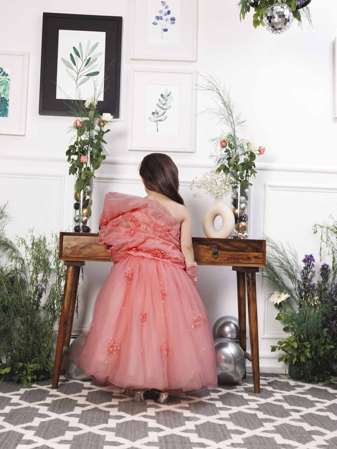 Angela pink one sided gown with flower detailing with gloves