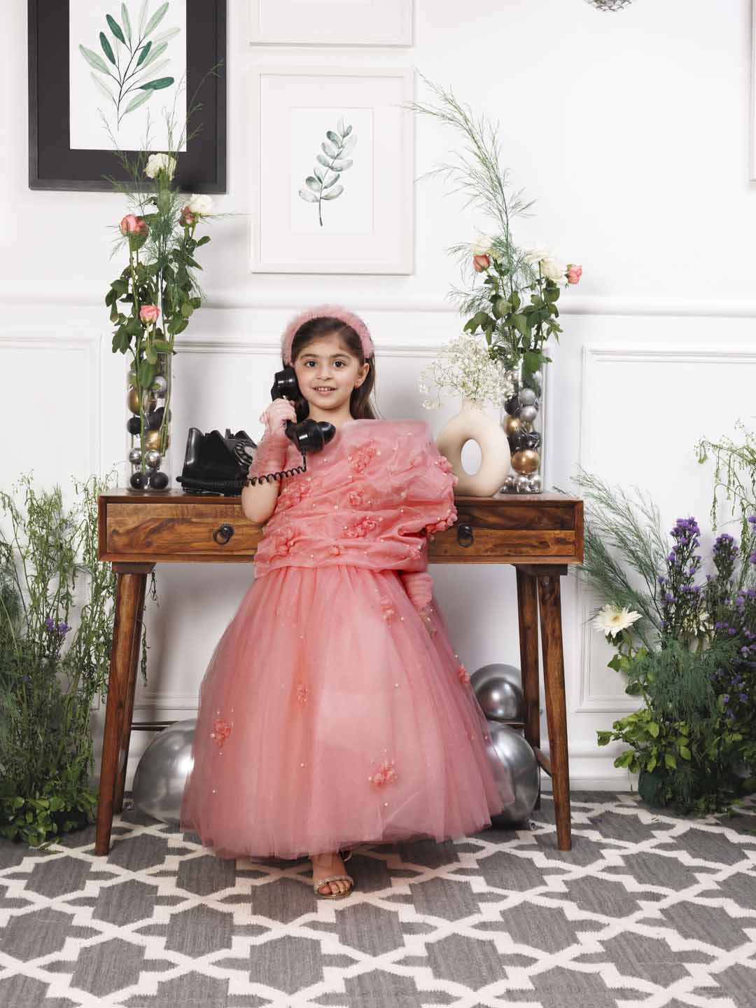 Angela pink one sided gown with flower detailing with gloves