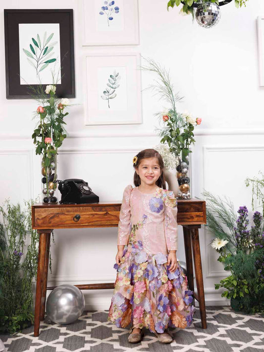 Zarita pink sequin mermaid dress with lavender fish tail skirt and flower detailing