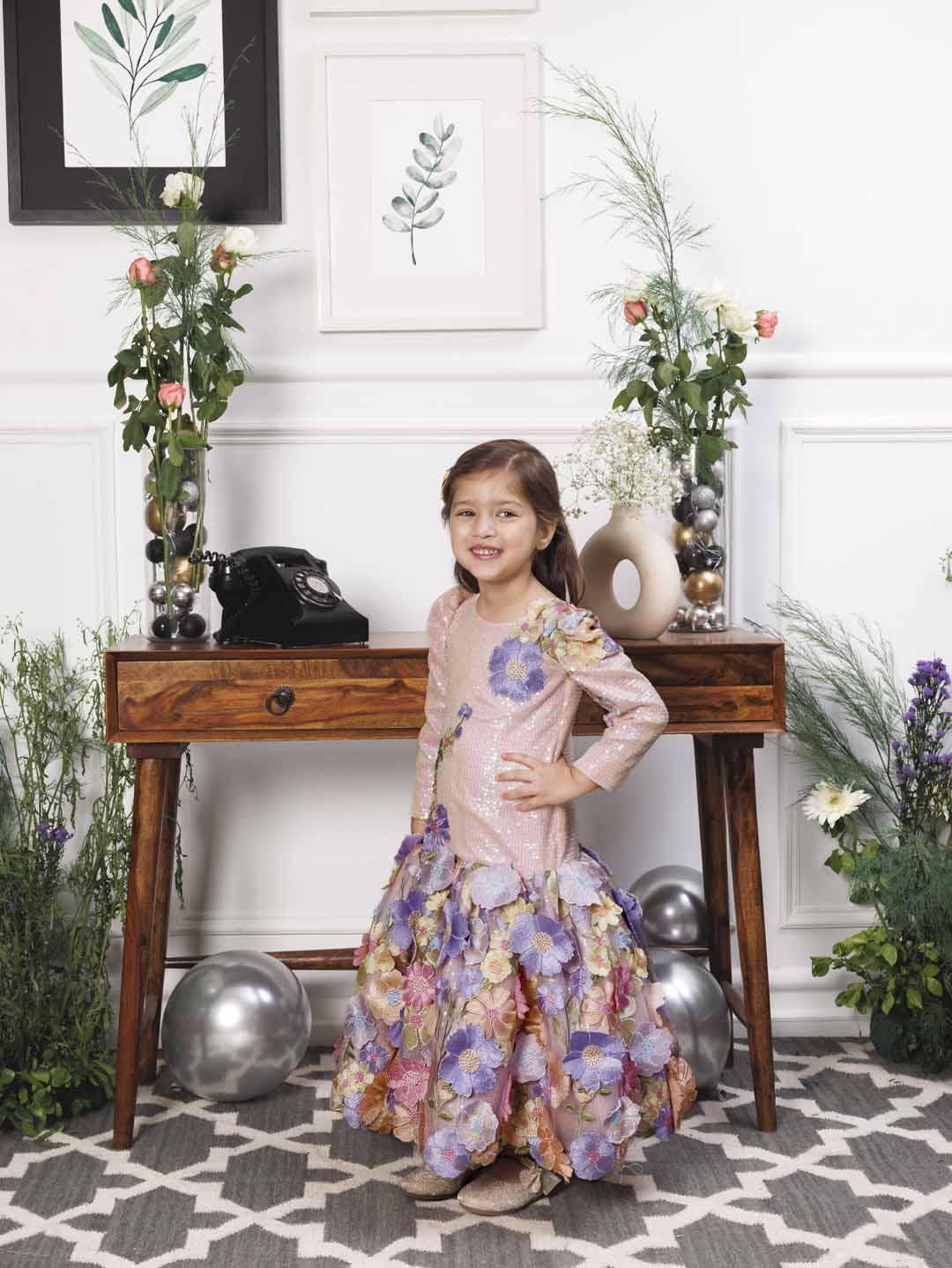 Zarita pink sequin mermaid dress with lavender fish tail skirt and flower detailing