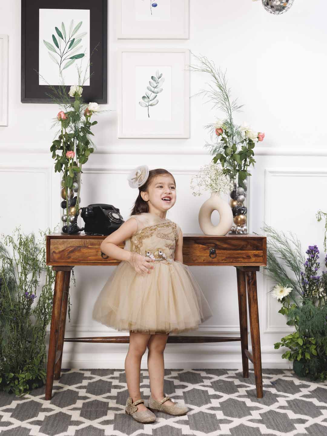Charlotte fluffy champagne dress with hand embroidery on gathered bodice