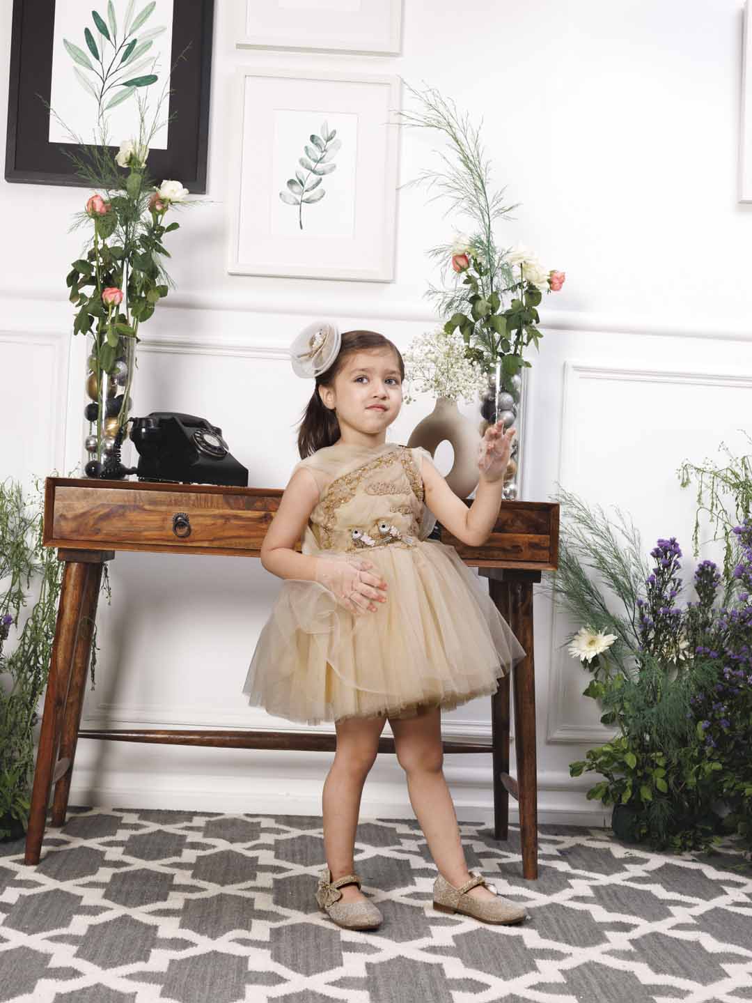 Charlotte fluffy champagne dress with hand embroidery on gathered bodice