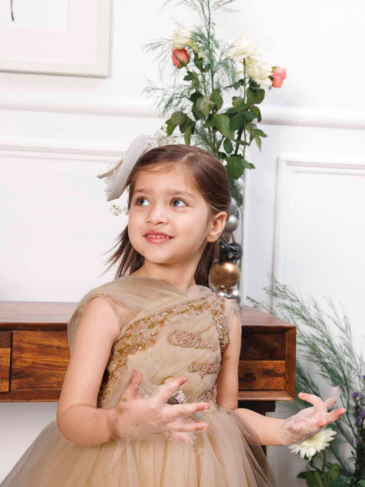 Charlotte fluffy champagne dress with hand embroidery on gathered bodice