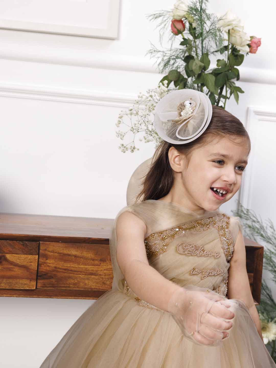 Charlotte fluffy champagne dress with hand embroidery on gathered bodice