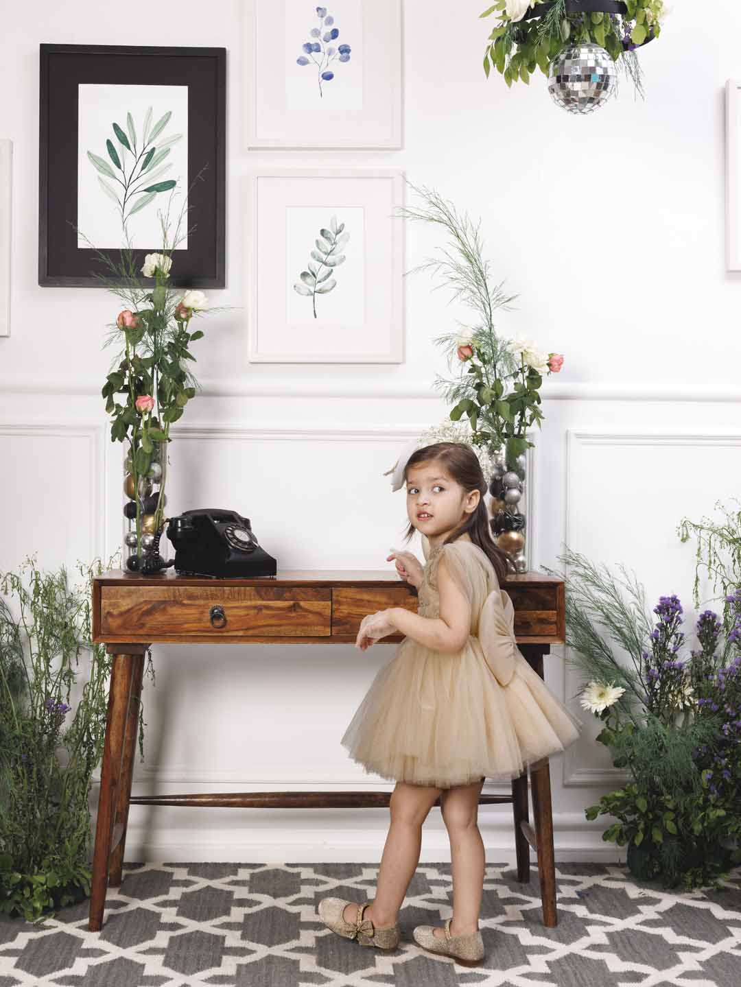 Charlotte fluffy champagne dress with hand embroidery on gathered bodice