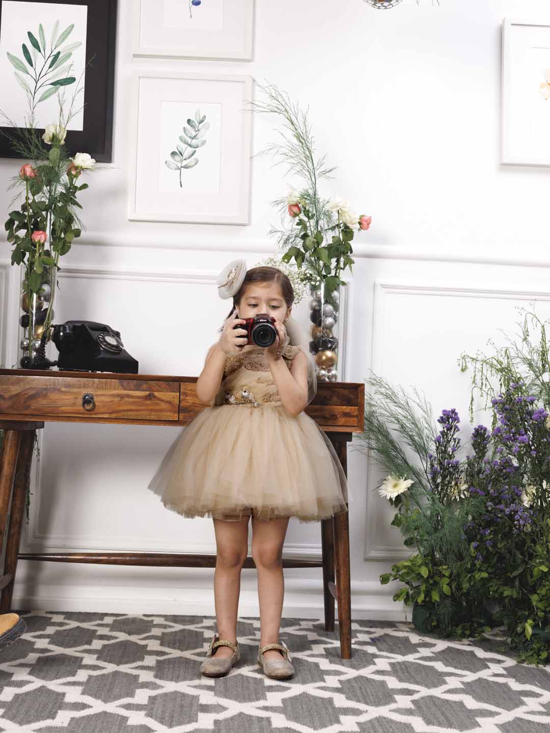 Charlotte fluffy champagne dress with hand embroidery on gathered bodice