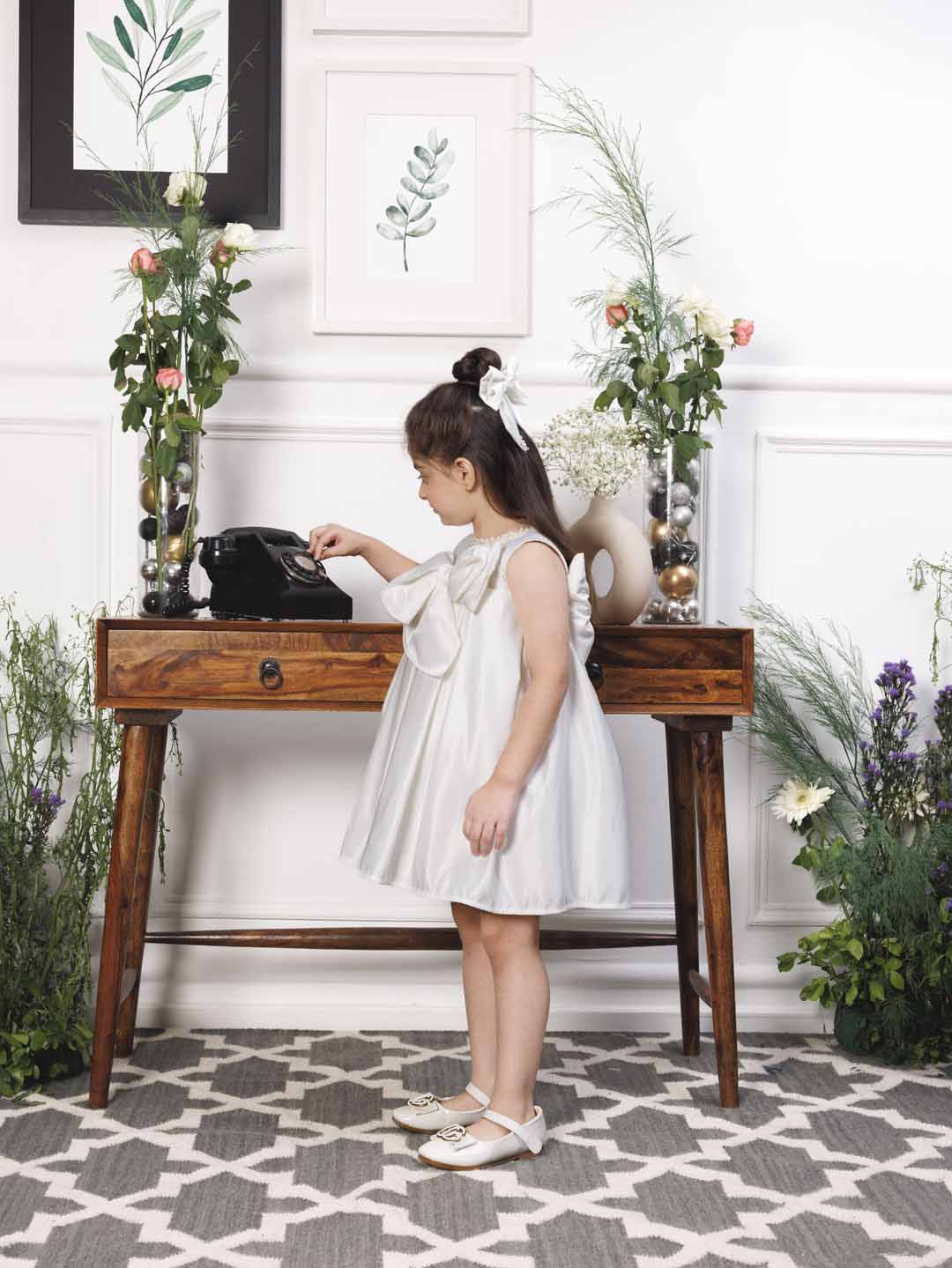 Emma white satin silk dress with bow in front