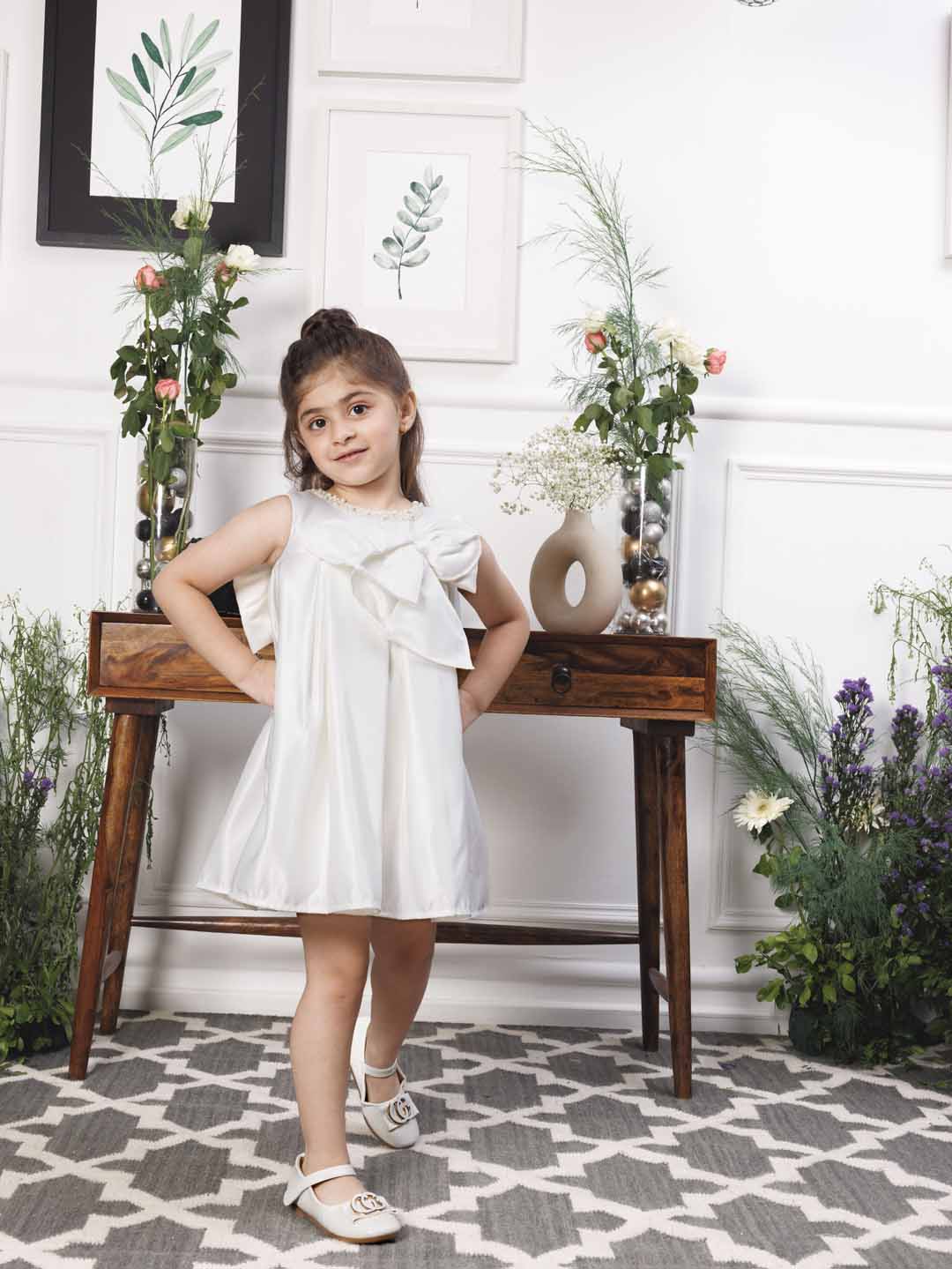 Emma white satin silk dress with bow in front