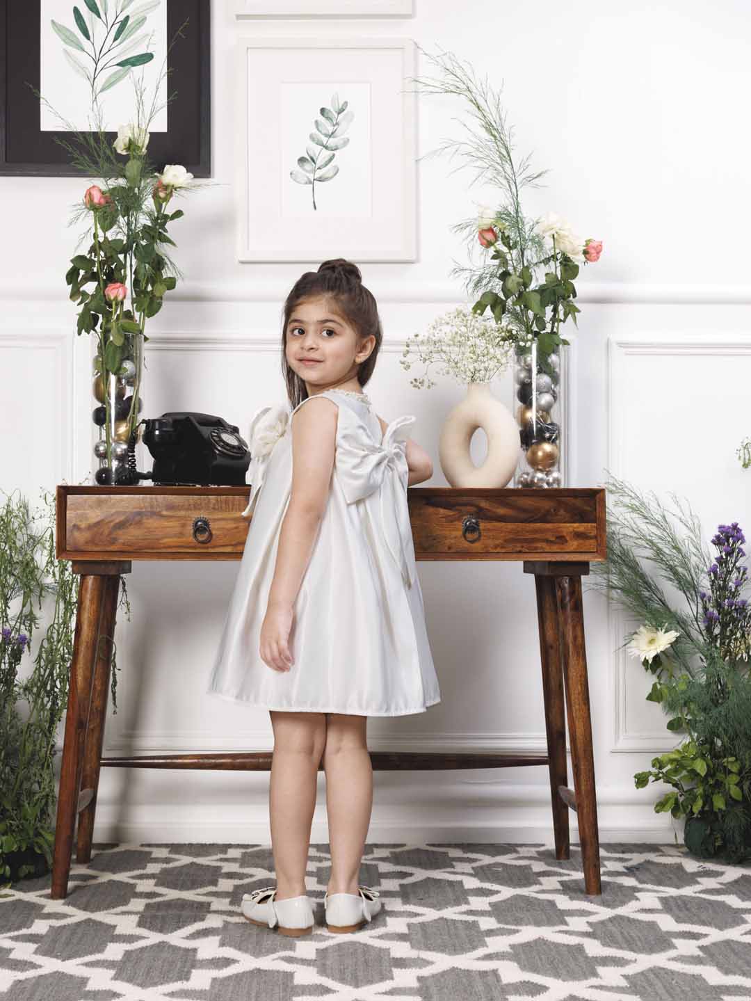Emma white satin silk dress with bow in front