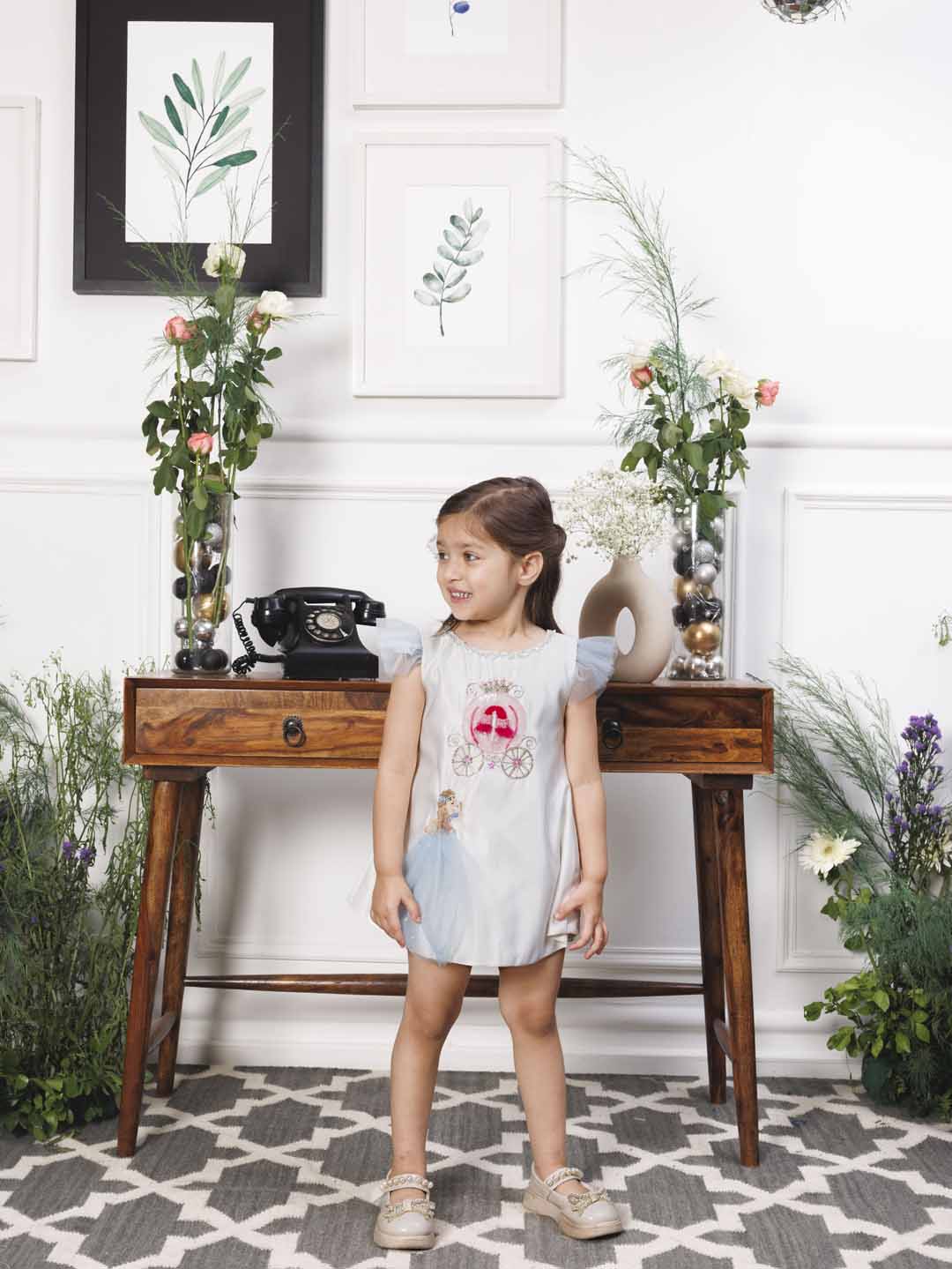 Cindrella A line satin silk dress with princess and carraige detailing