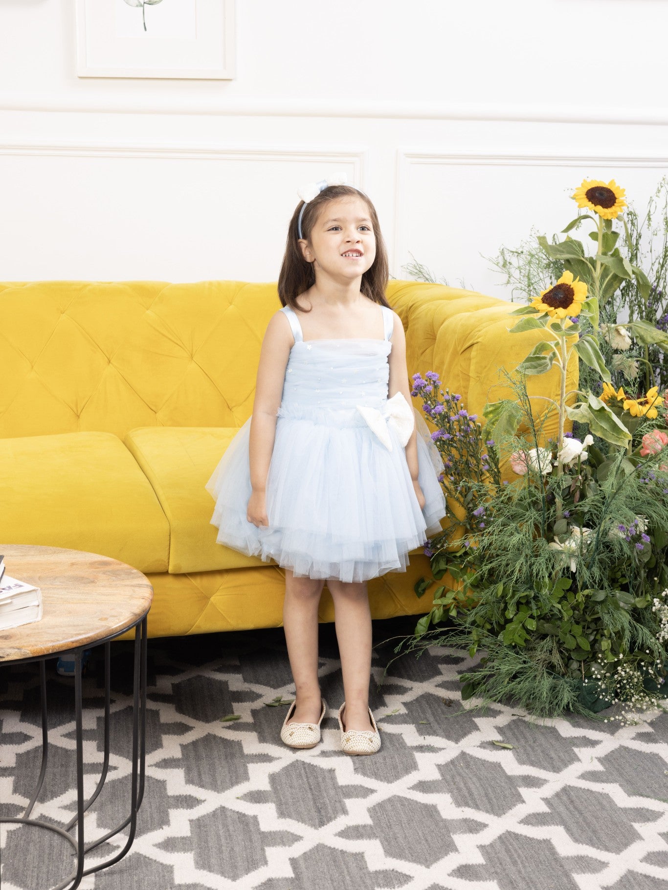 Mia blue fluffy skirt and gathered bodice with pearls and flowers detailing