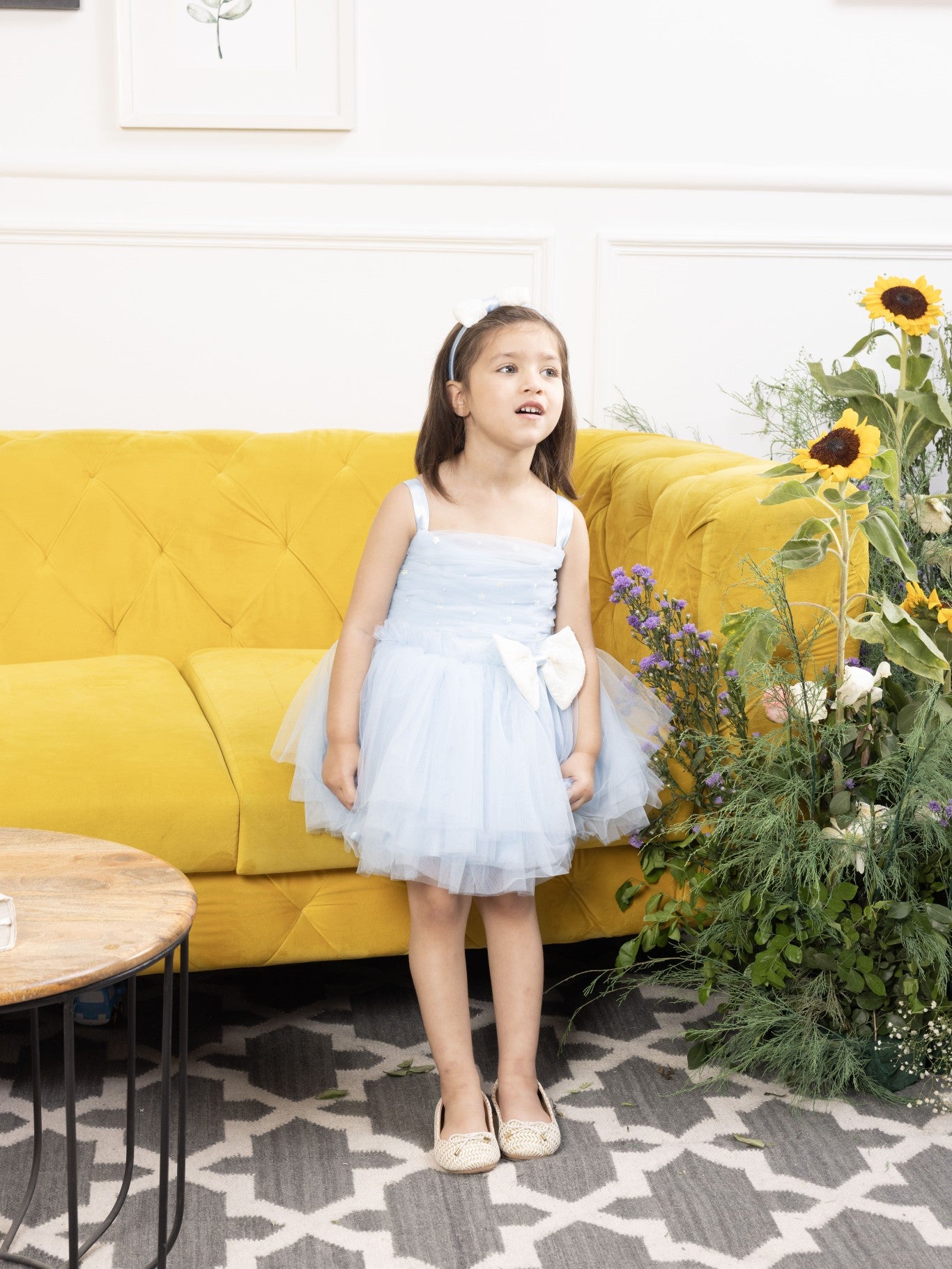 Mia blue fluffy skirt and gathered bodice with pearls and flowers detailing