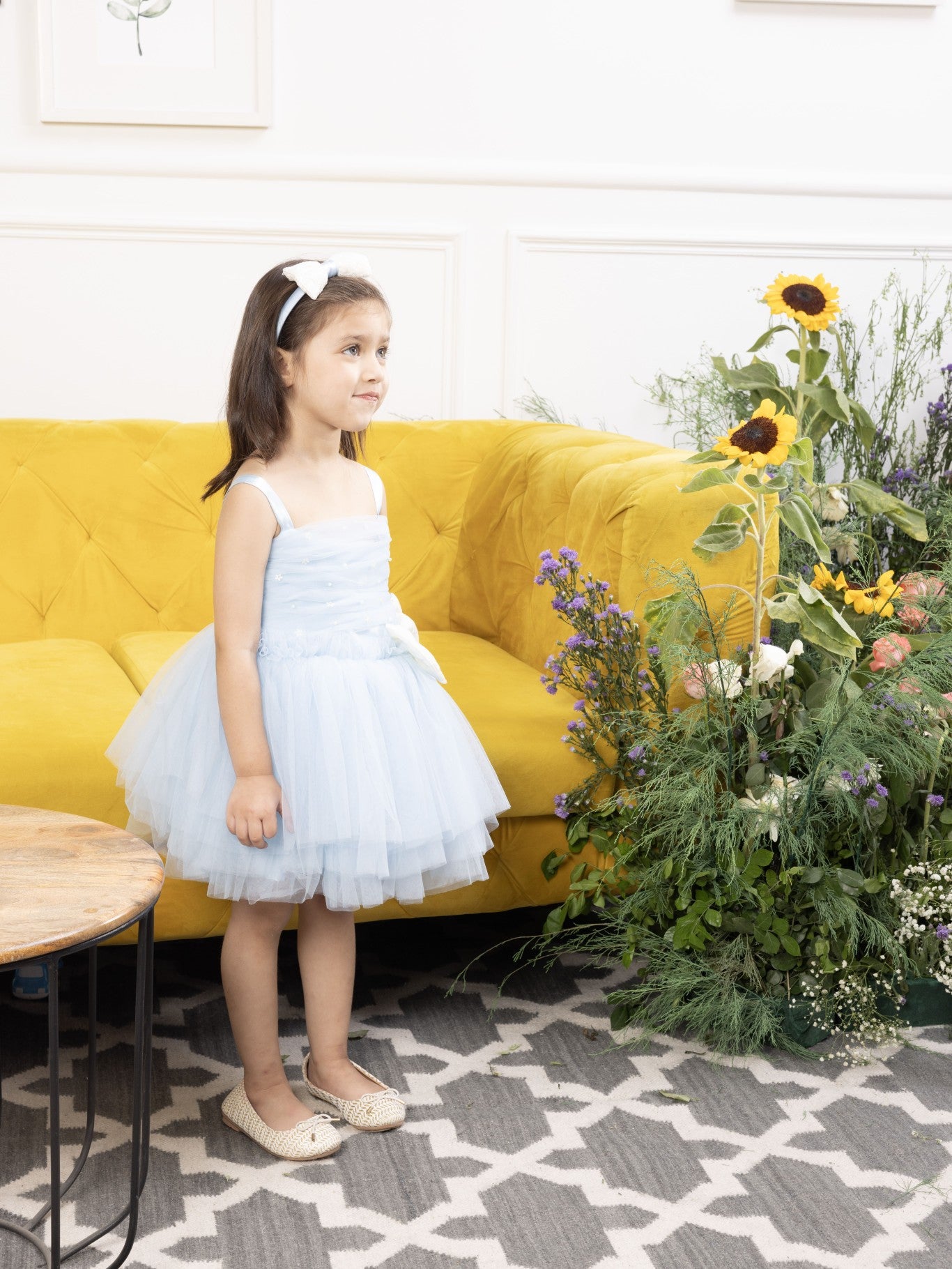 Mia blue fluffy skirt and gathered bodice with pearls and flowers detailing