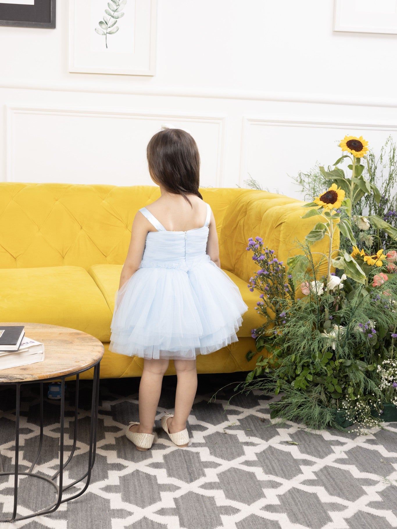 Mia blue fluffy skirt and gathered bodice with pearls and flowers detailing