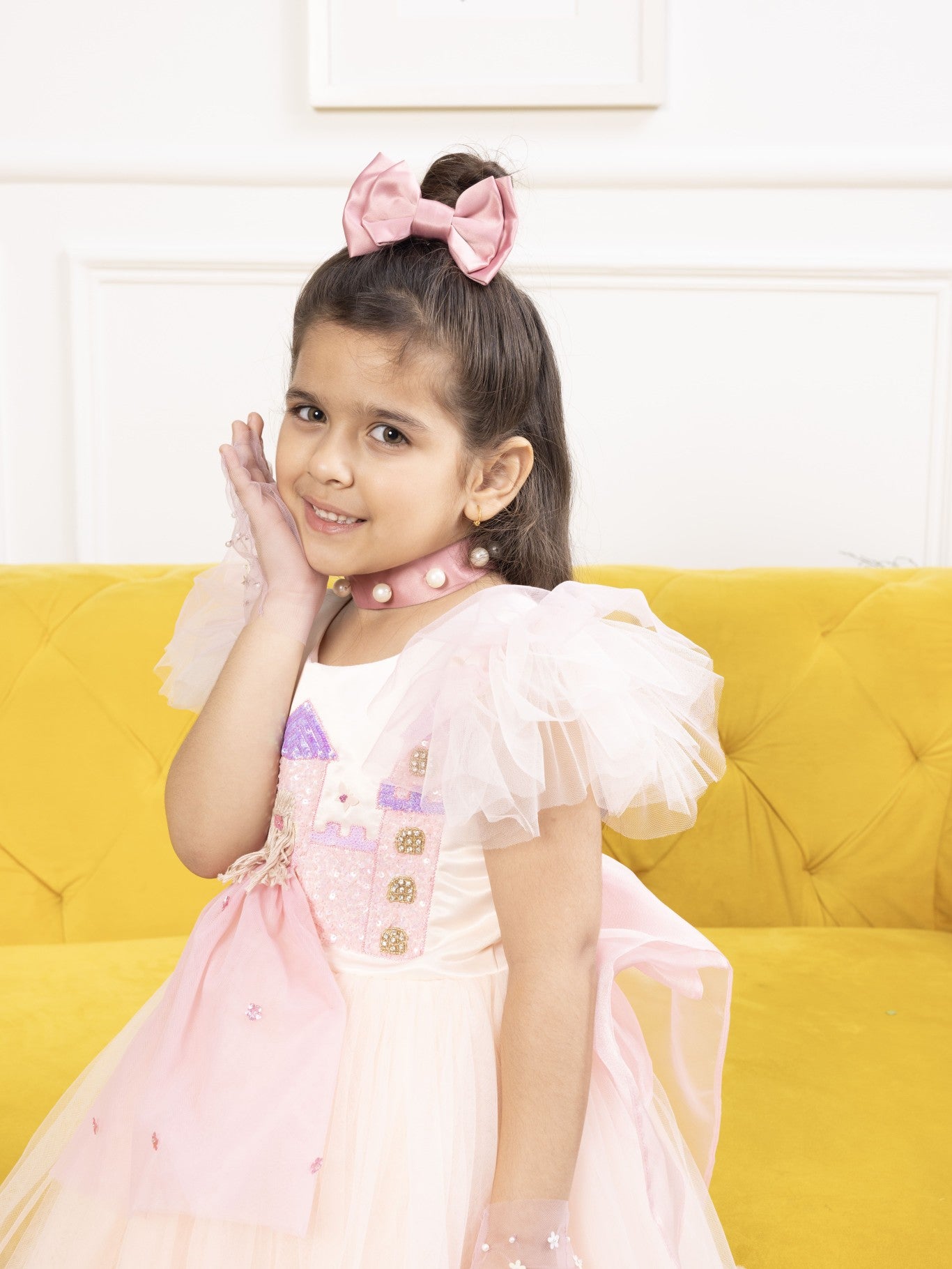 Cecily pink princess dress with castle embroidered