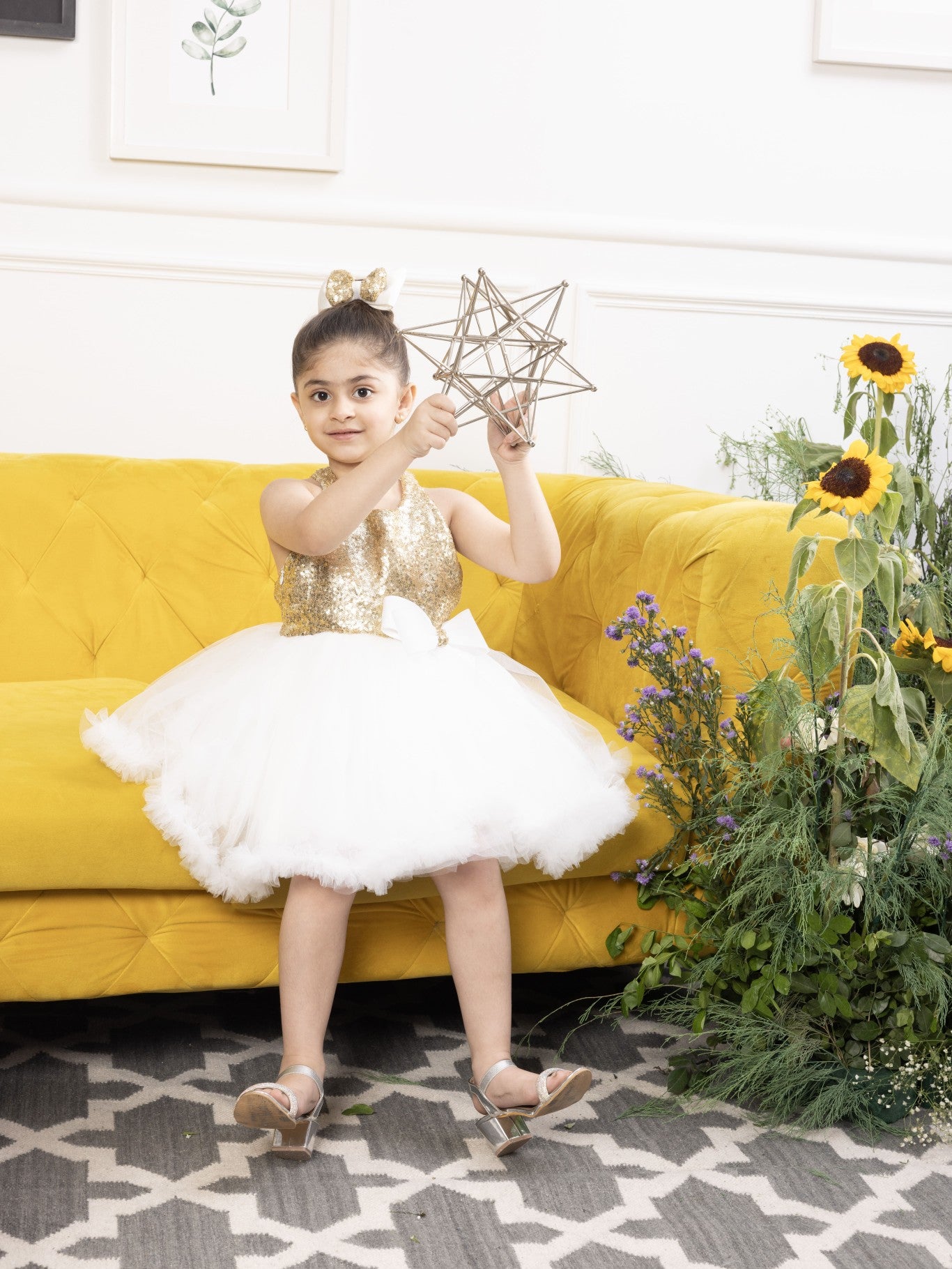 Camilla 2.0 gold sequin and white fluffy skirt dress