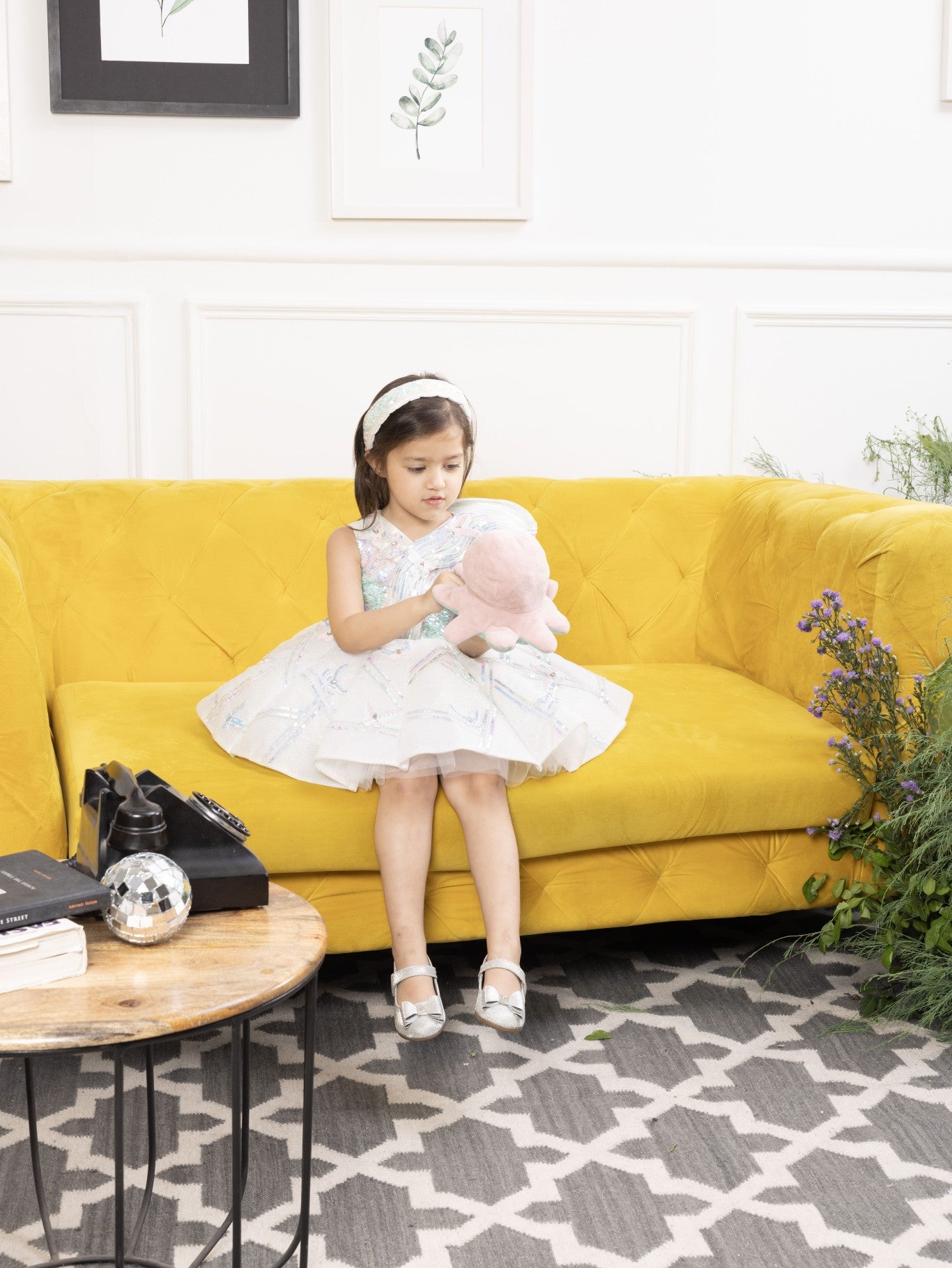 Alina glittered white panel dress with butterflies detailing