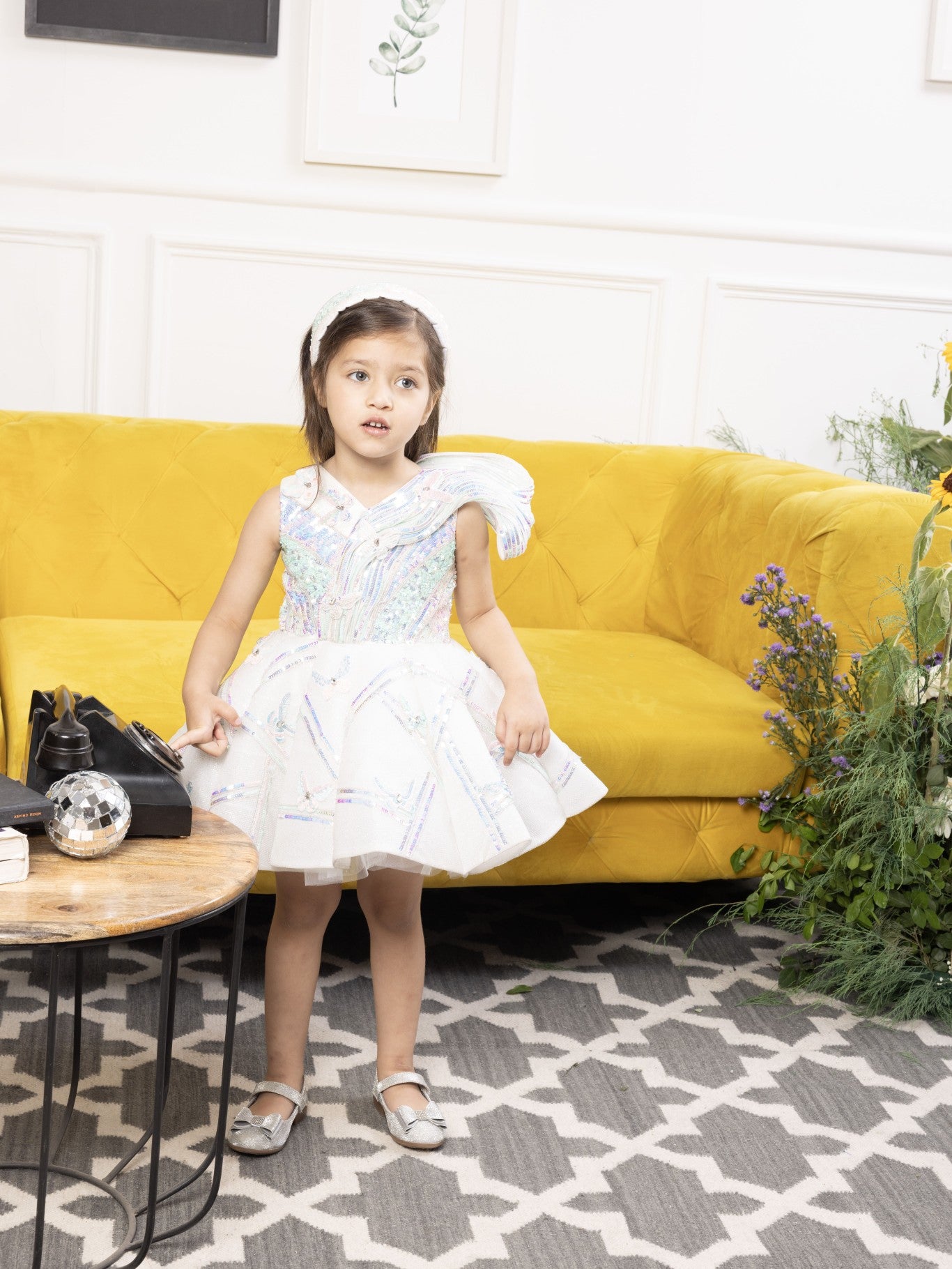 Alina glittered white panel dress with butterflies detailing