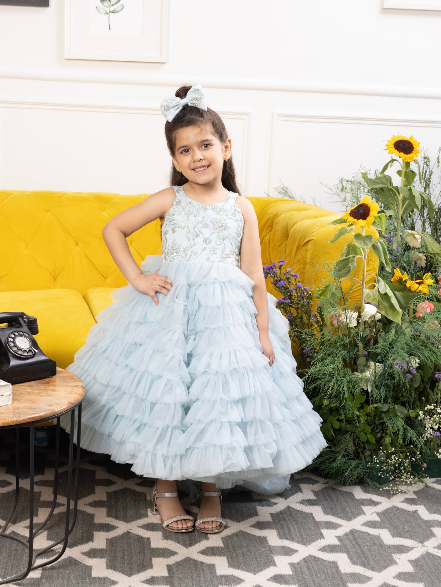 Sydel blue frill dress with detachable trail