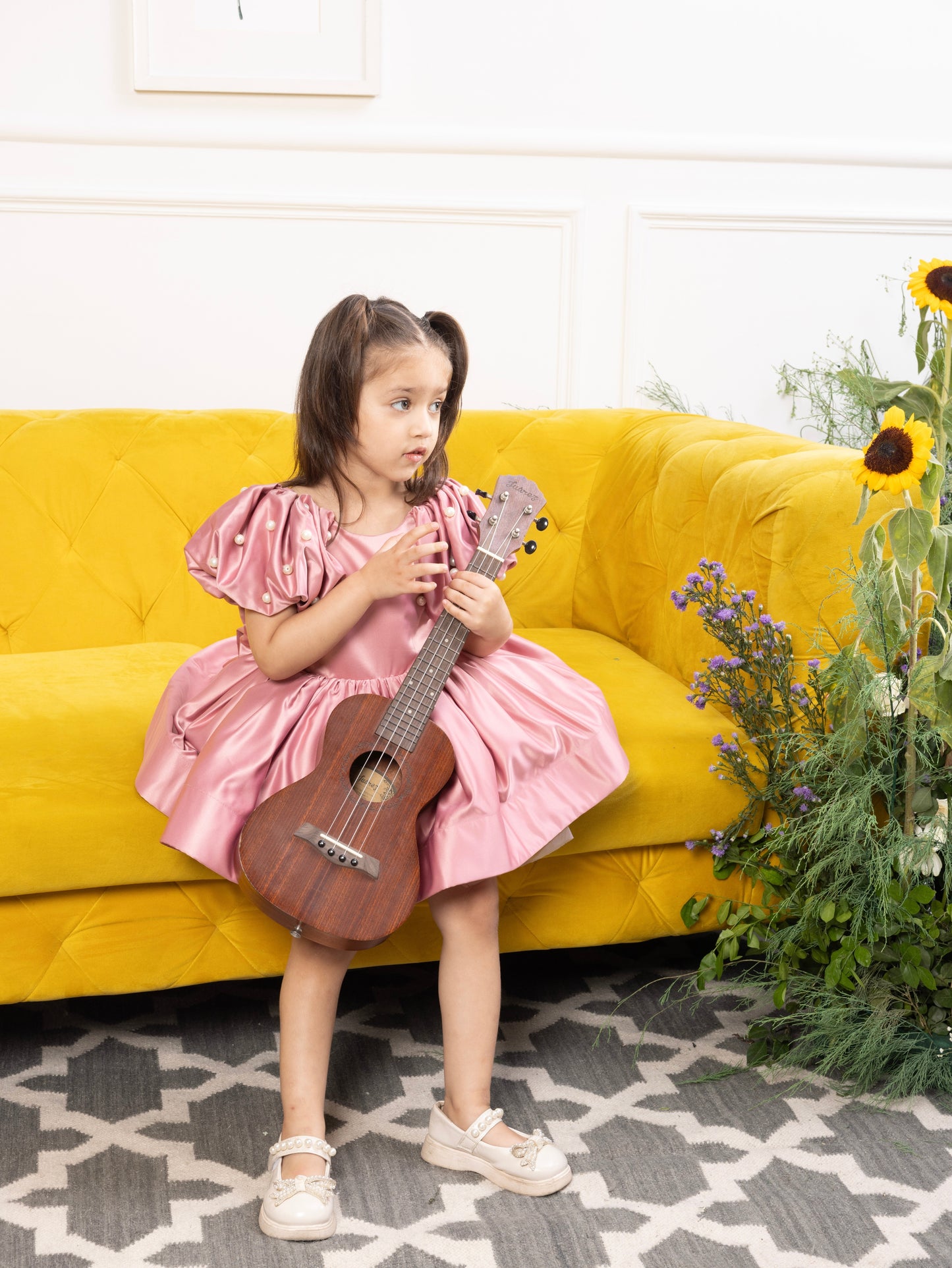 Saina pink silk satin dress with pearl detailing on puff sleeves, neck piece and gloves