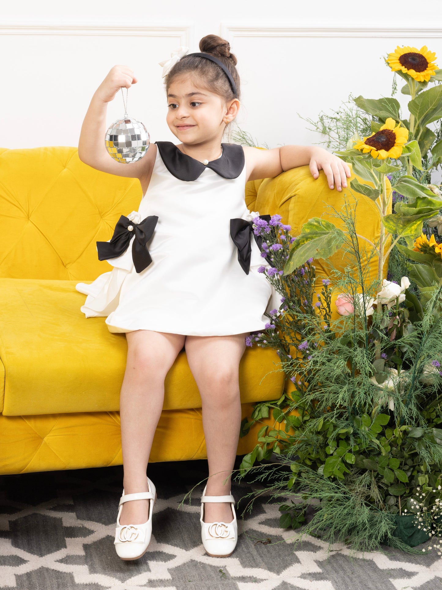 Emily white satin silk high low dress with black bows and pearls