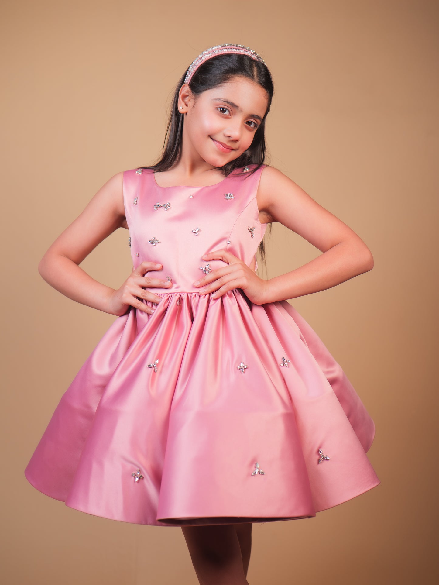 Pink Crystal Embellished Satin Party Dress
