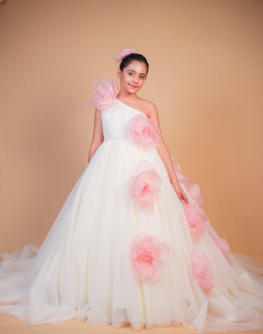 Off-White & Pink Floral Trail Ball Gown