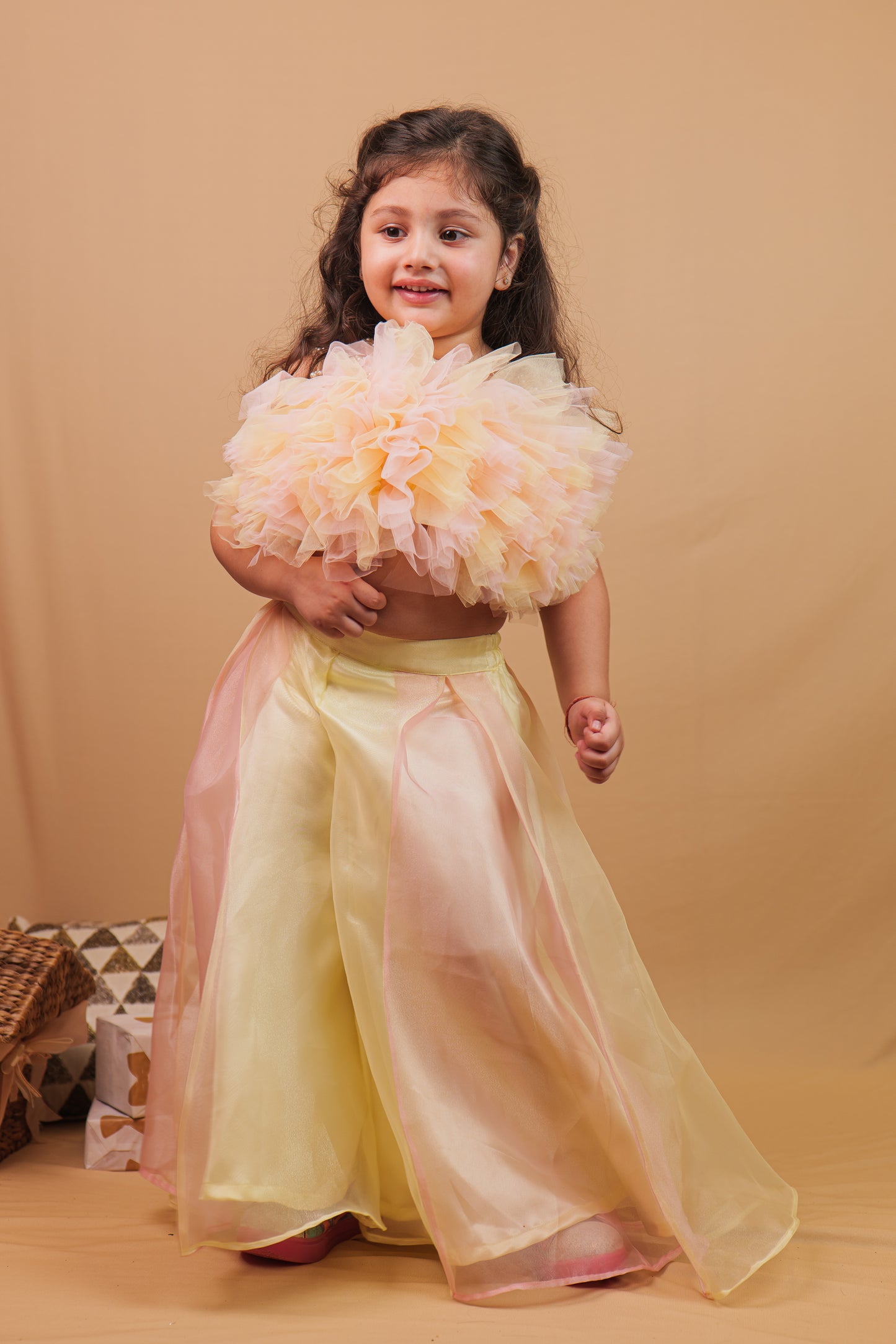 Saija Indo-Western Set Peach Lemon Crop Top with Pants