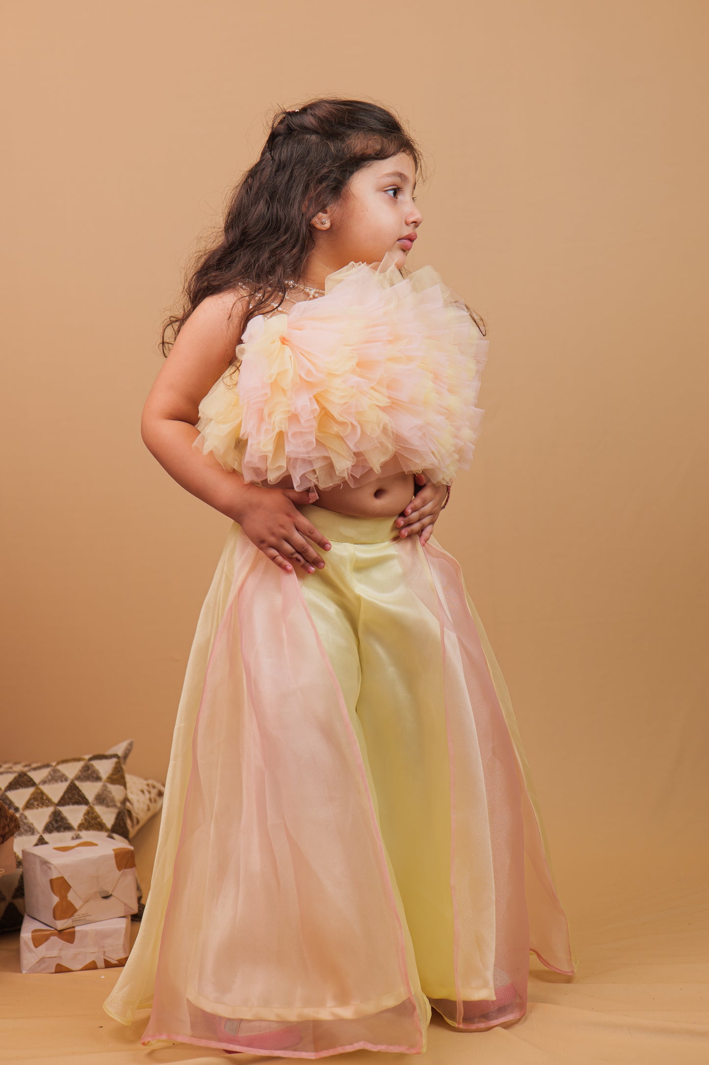 Saija Indo-Western Set Peach Lemon Crop Top with Pants