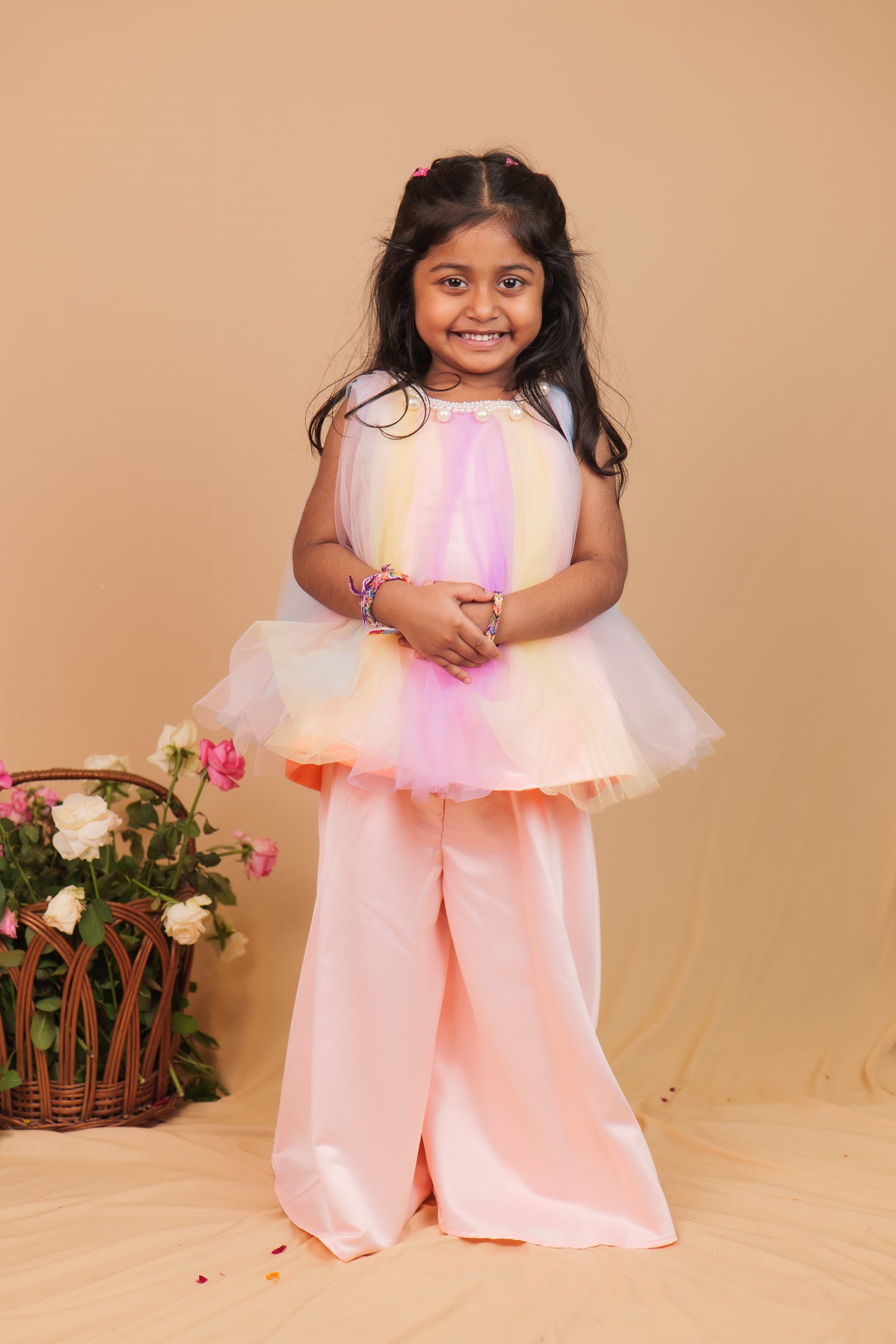 Tia Multi-Colour Tulle Indo-Western Set with Peach Flared Pants
