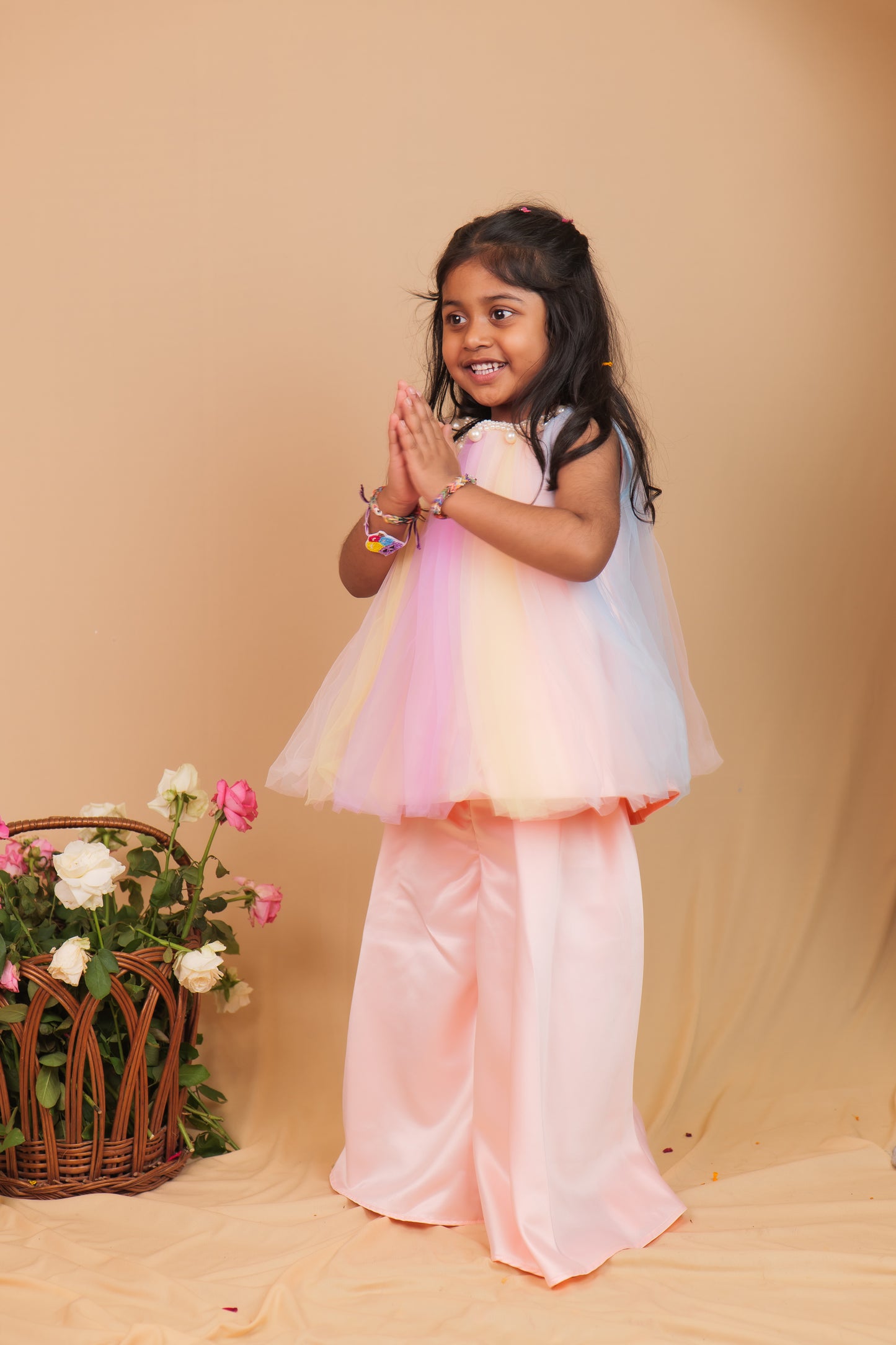 Tia Multi-Colour Tulle Indo-Western Set with Peach Flared Pants