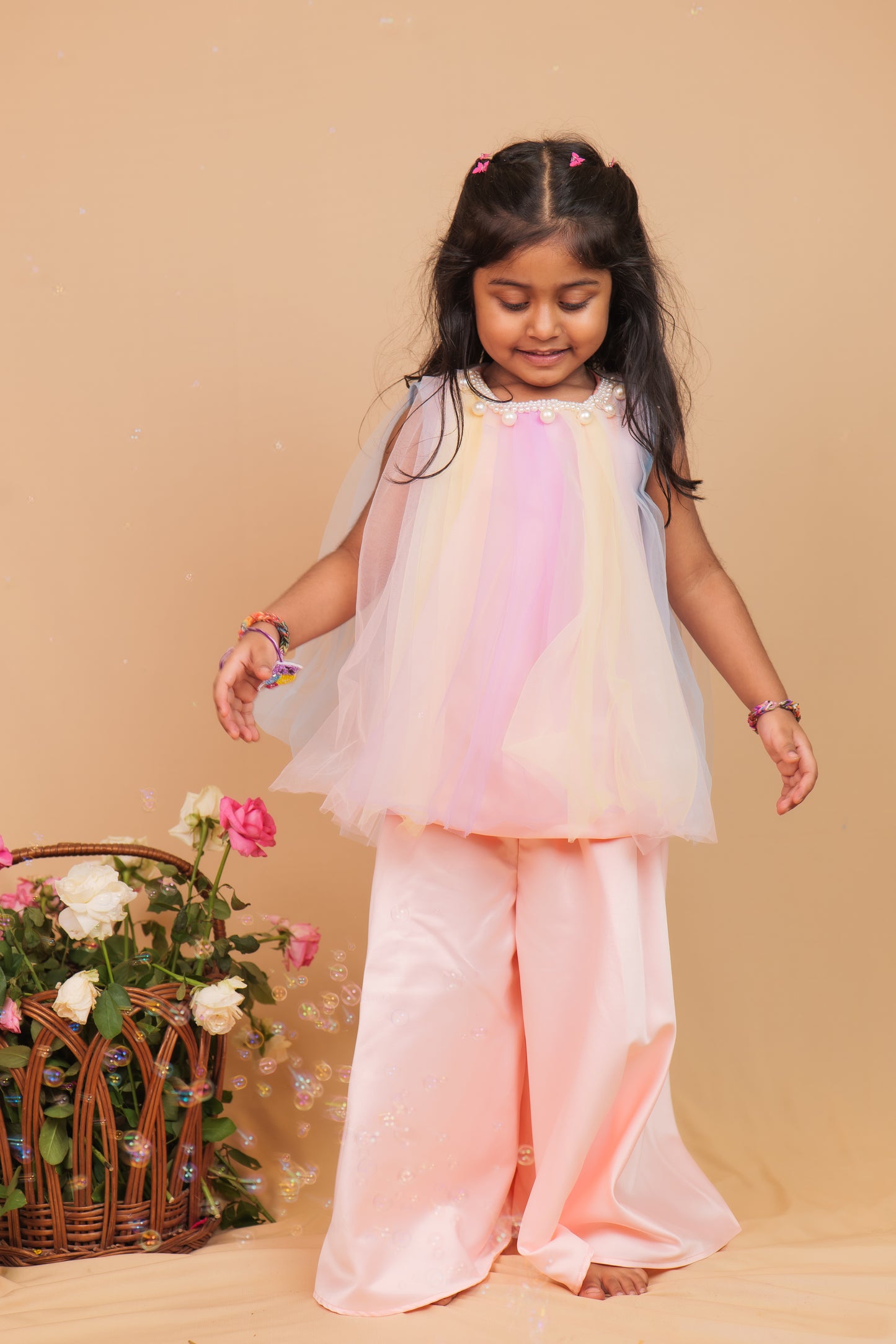 Tia Multi-Colour Tulle Indo-Western Set with Peach Flared Pants