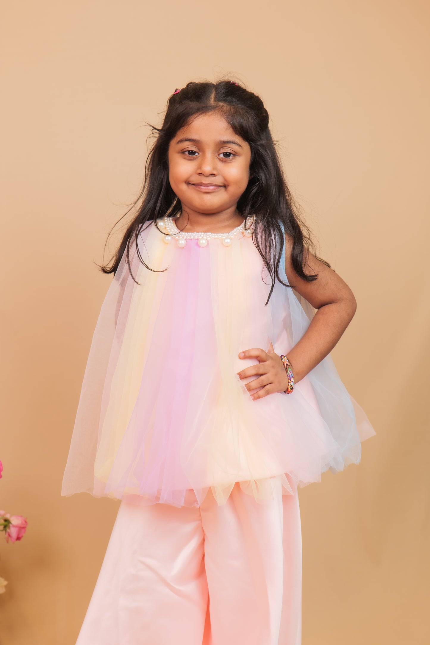 Tia Multi-Colour Tulle Indo-Western Set with Peach Flared Pants