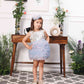 Aida ruffled pink and blue dress with flower and feathers detailing