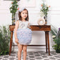 Aida ruffled pink and blue dress with flower and feathers detailing
