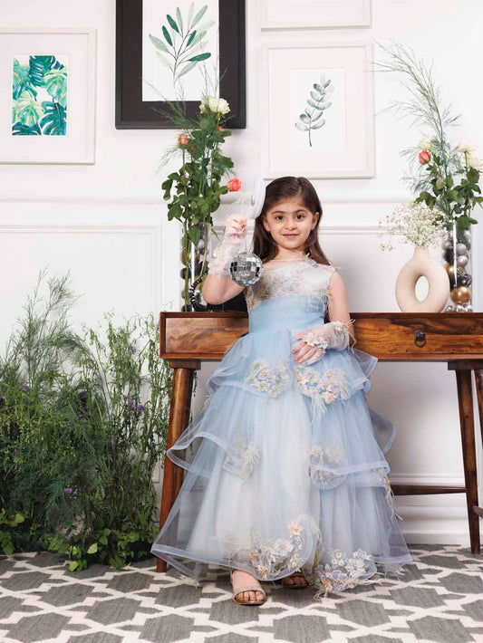 Daphne blue and white layered gown with flowers and feathers detailing
